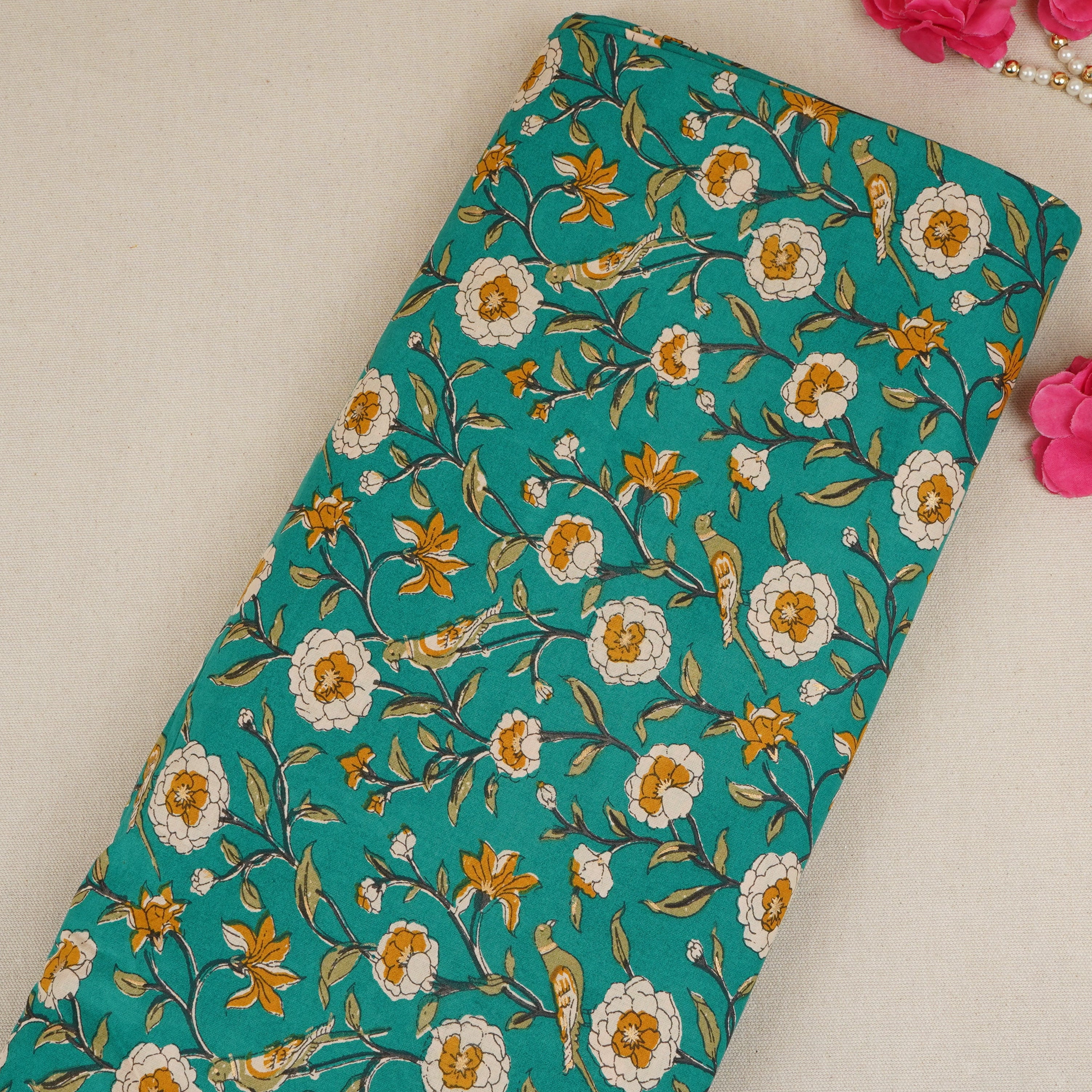 Green Floral Foil Print Cotton Fabric PB-29712 - TradeUNO