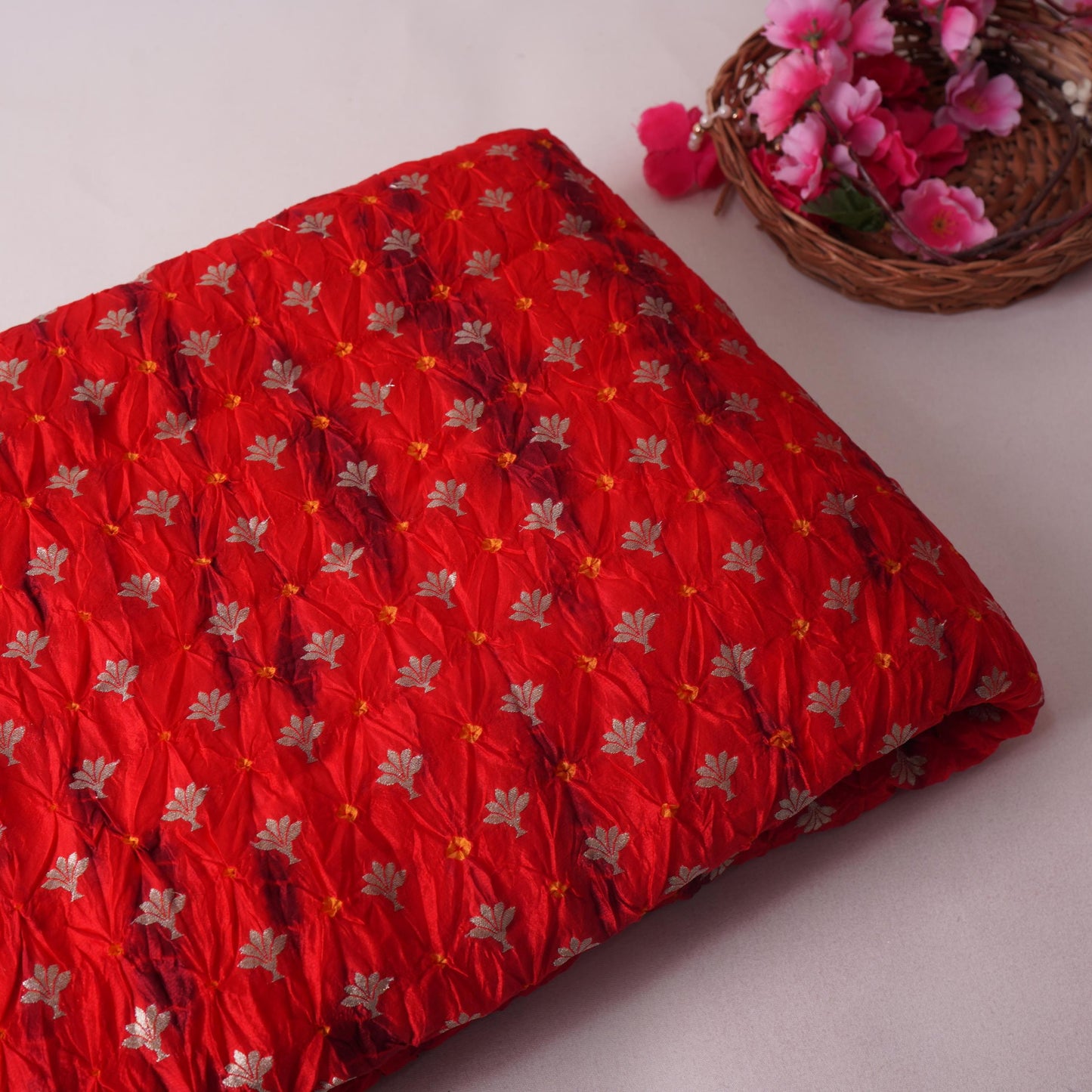 Red Shibori Bandhani Dupion Silk Fabric YHF-32845
