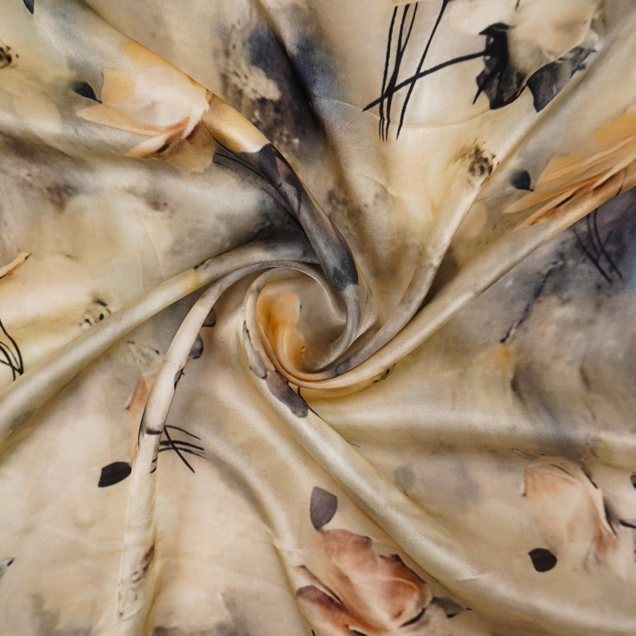 Silver Ivory Abstract print Silk Satin Fabric NVC-31565 - TradeUNO