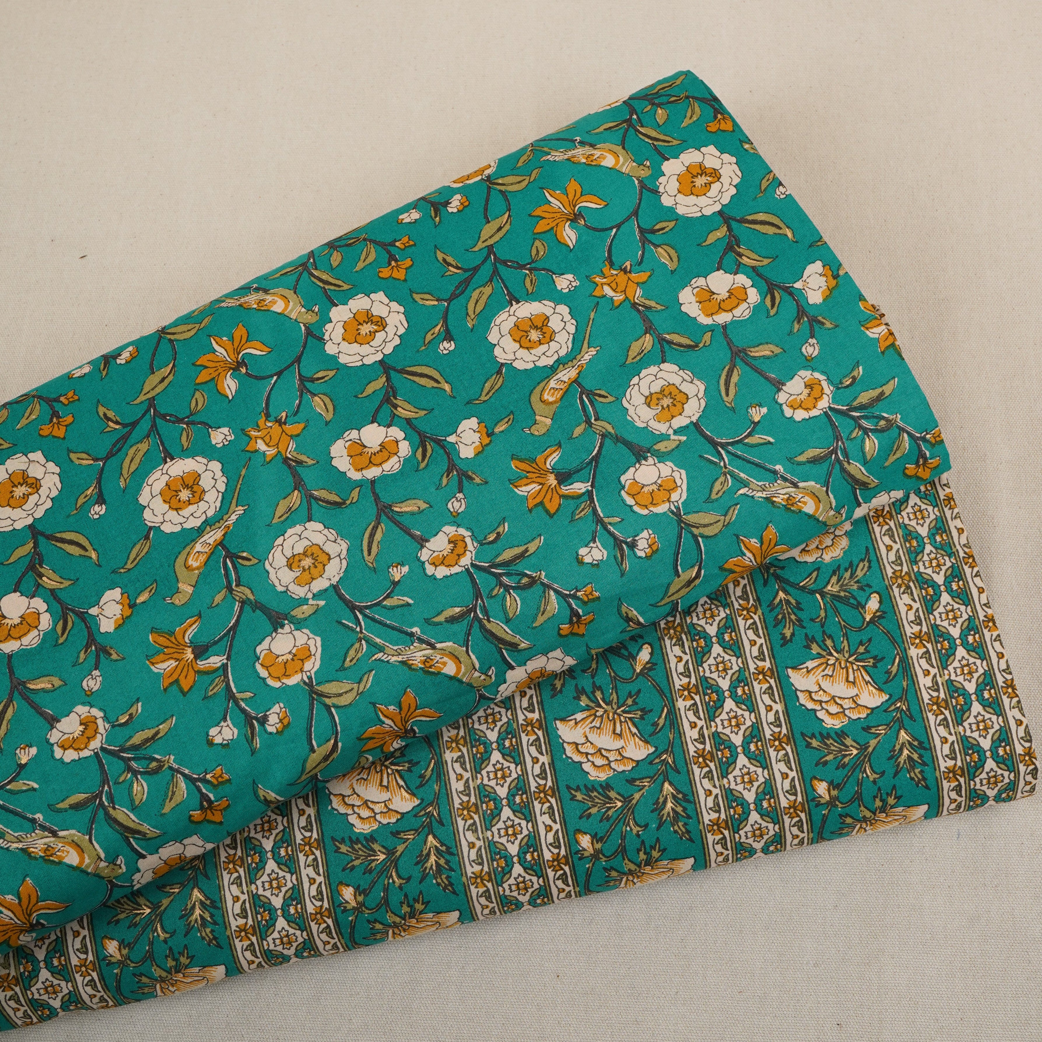 Green Floral Stripes Foil Print Cotton Fabric PB-29711 - TradeUNO