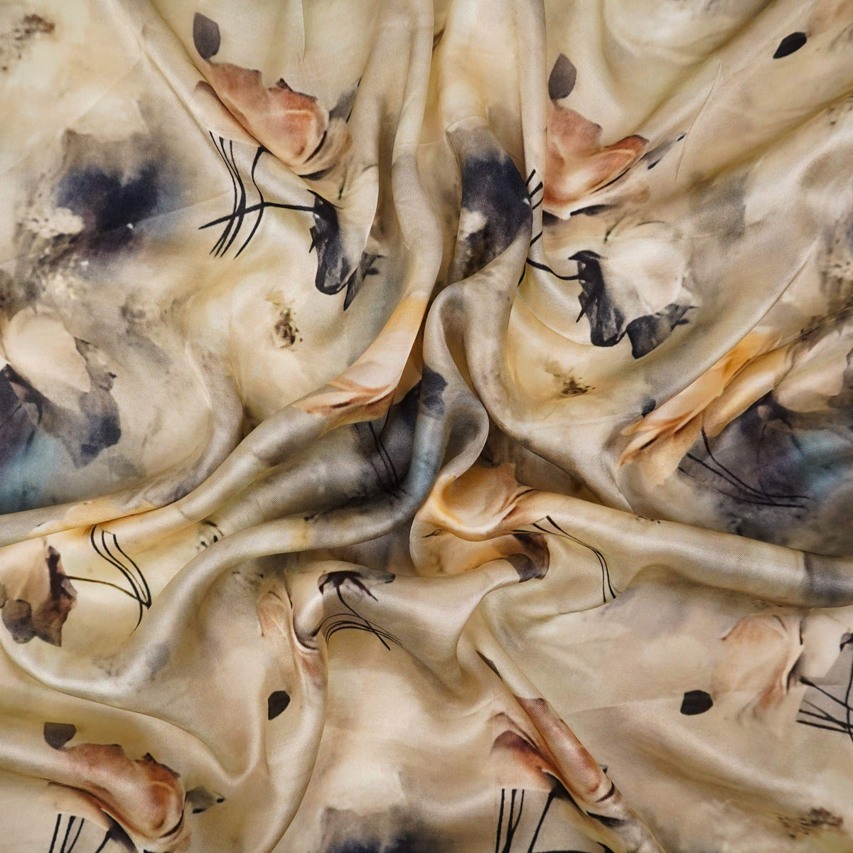 Silver Ivory Abstract print Silk Satin Fabric NVC-31565 - TradeUNO