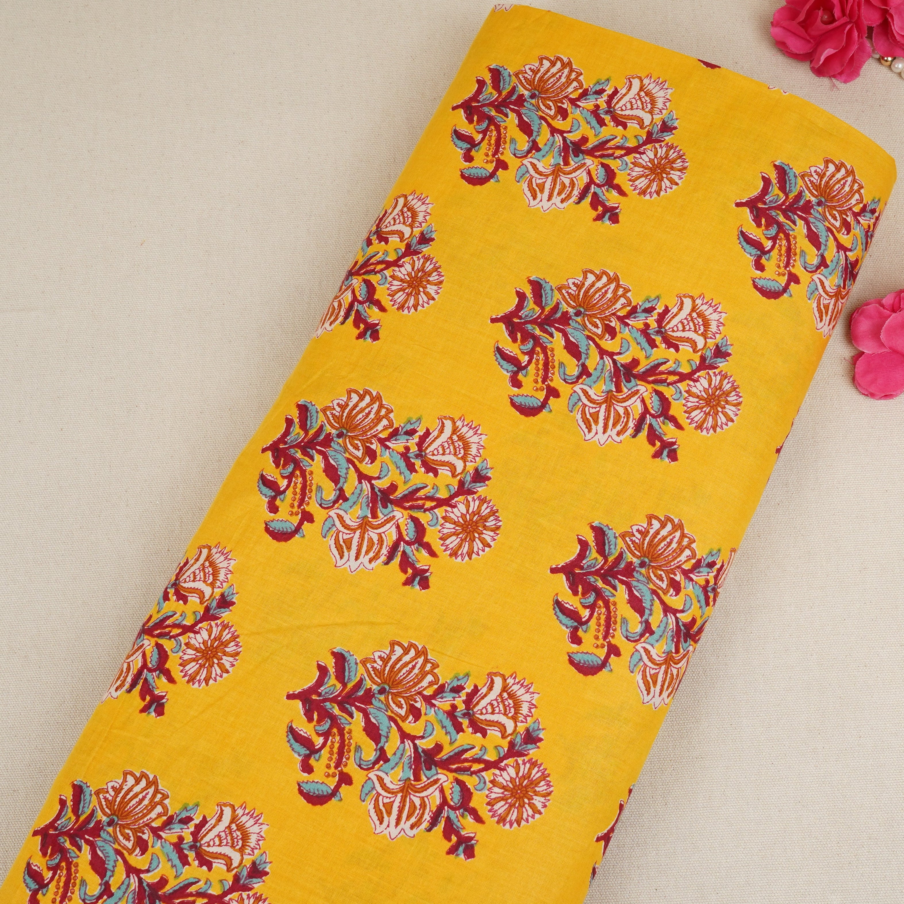Mustard Yellow Floral Block Print Cotton Fabric PB-29721 - TradeUNO