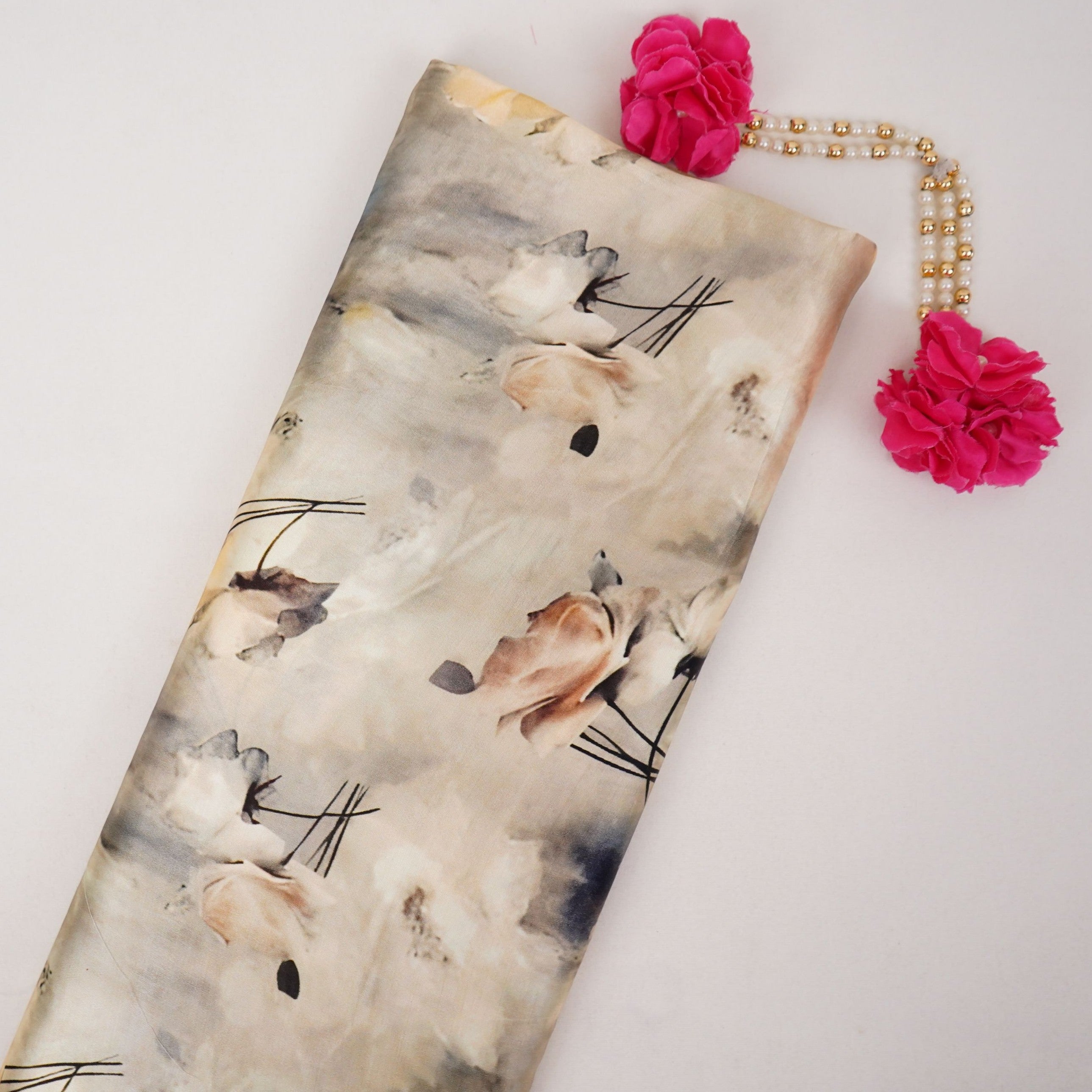 Silver Ivory Abstract print Silk Satin Fabric NVC-31565 - TradeUNO