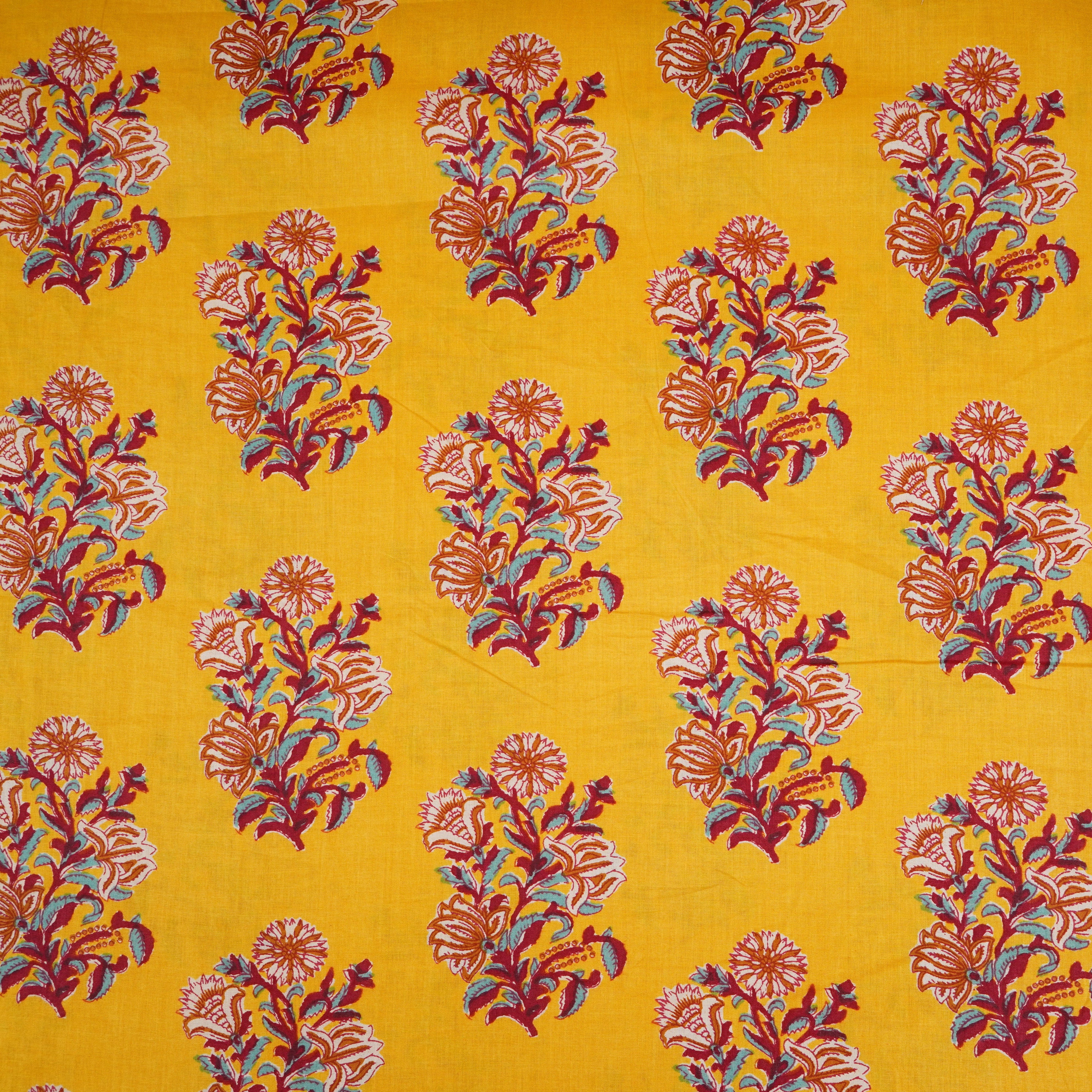 Mustard Yellow Floral Block Print Cotton Fabric PB-29721 - TradeUNO