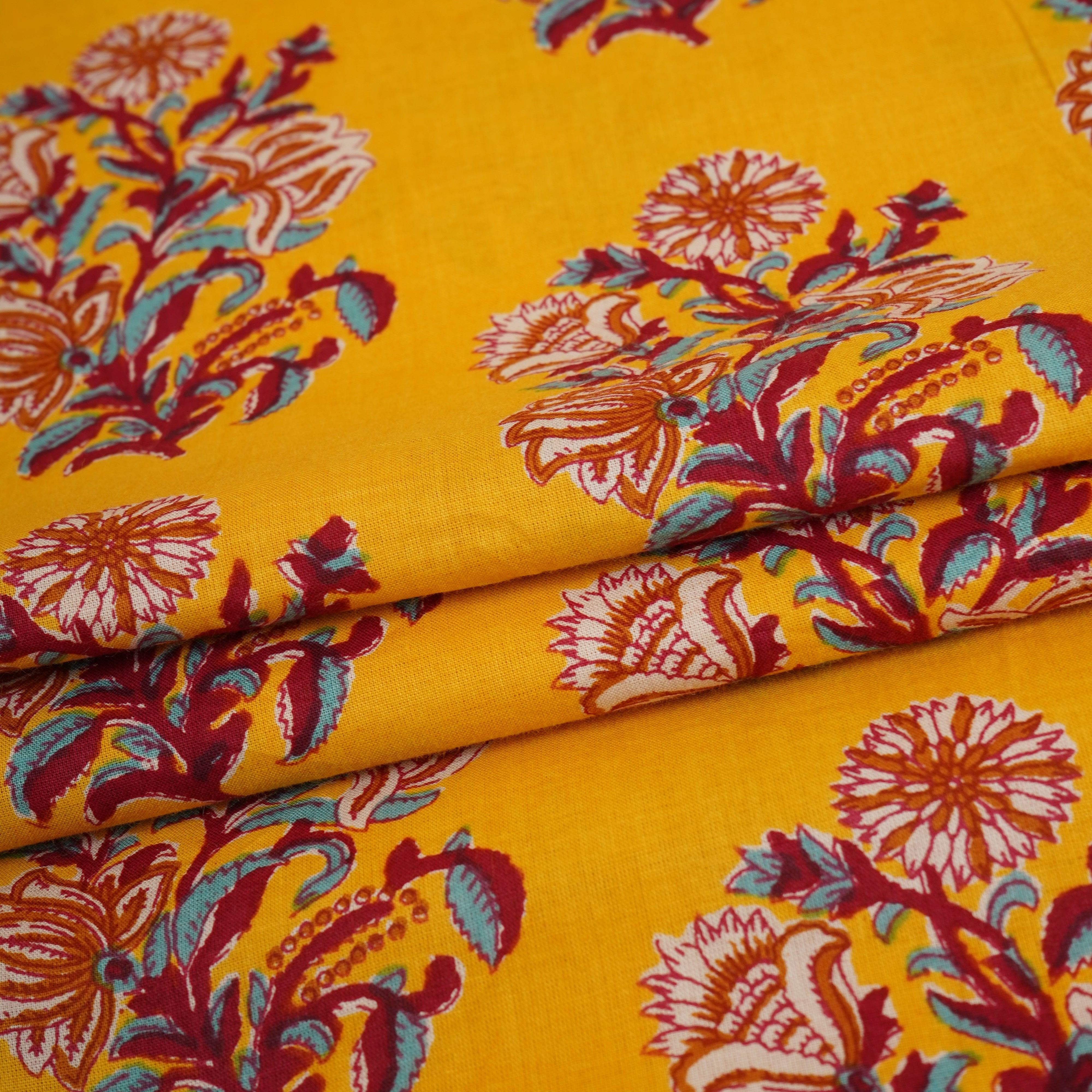Mustard Yellow Floral Block Print Cotton Fabric PB-29721 - TradeUNO