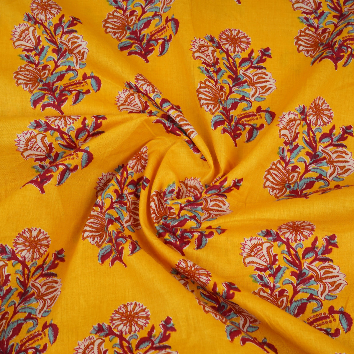 Mustard Yellow Floral Block Print Cotton Fabric PB-29721 - TradeUNO