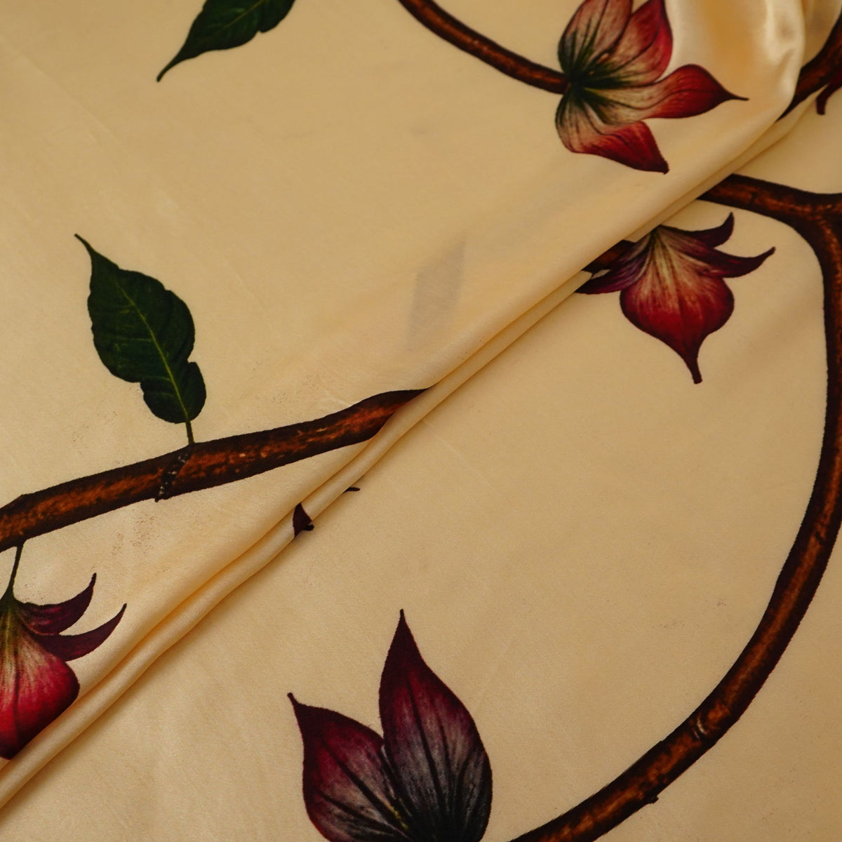 Cream floral print Silk Satin Fabric NVC-31578 - TradeUNO