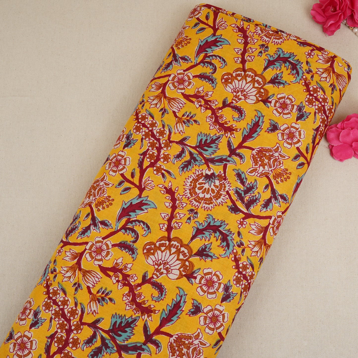 Yellow Kalamkari Floral Print Cotton Fabric PB-29724
