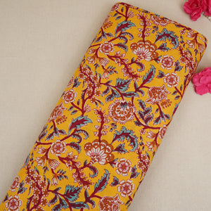 Yellow Kalamkari Floral Print Cotton Fabric PB-29724 - TradeUNO