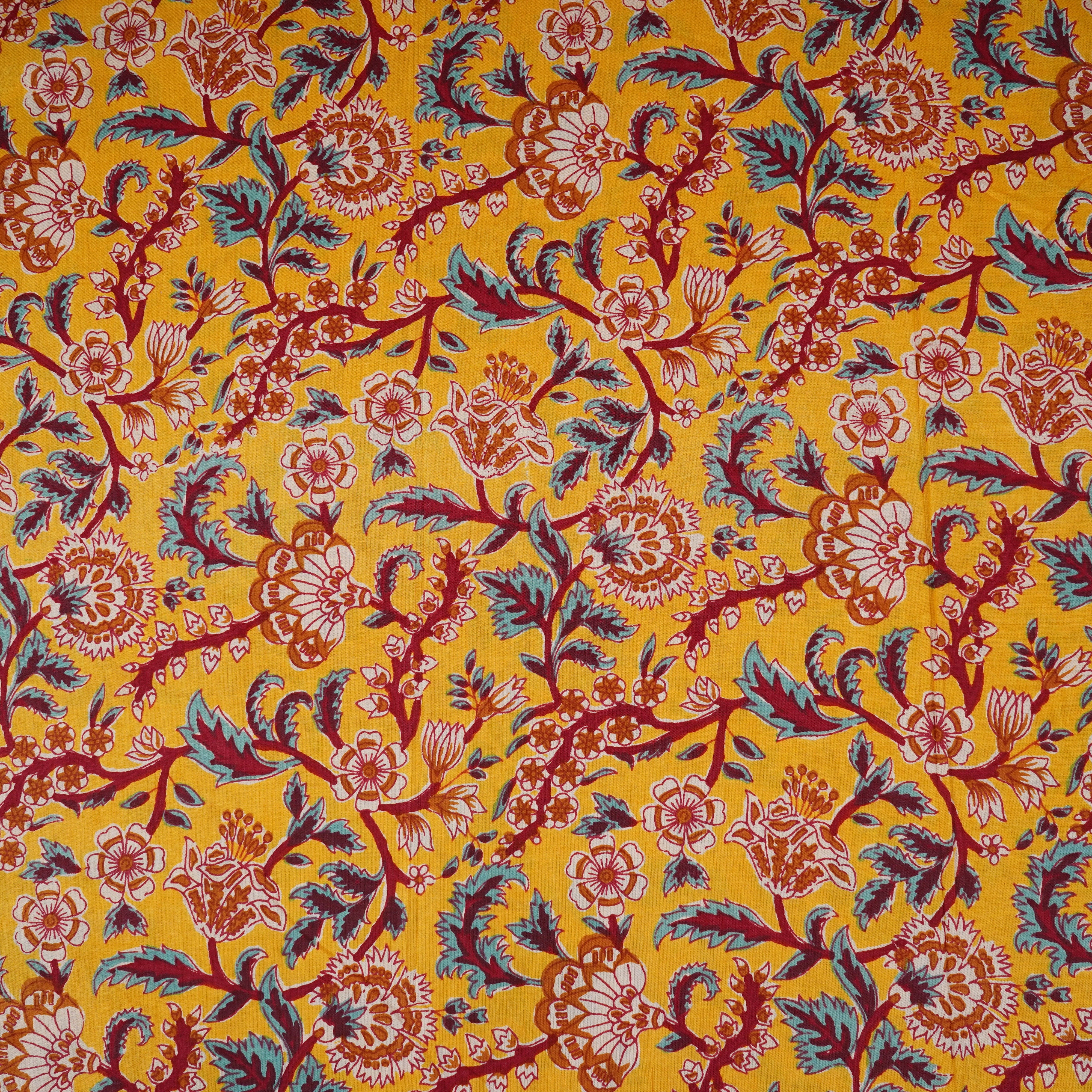 Yellow Kalamkari Floral Print Cotton Fabric PB-29724 - TradeUNO