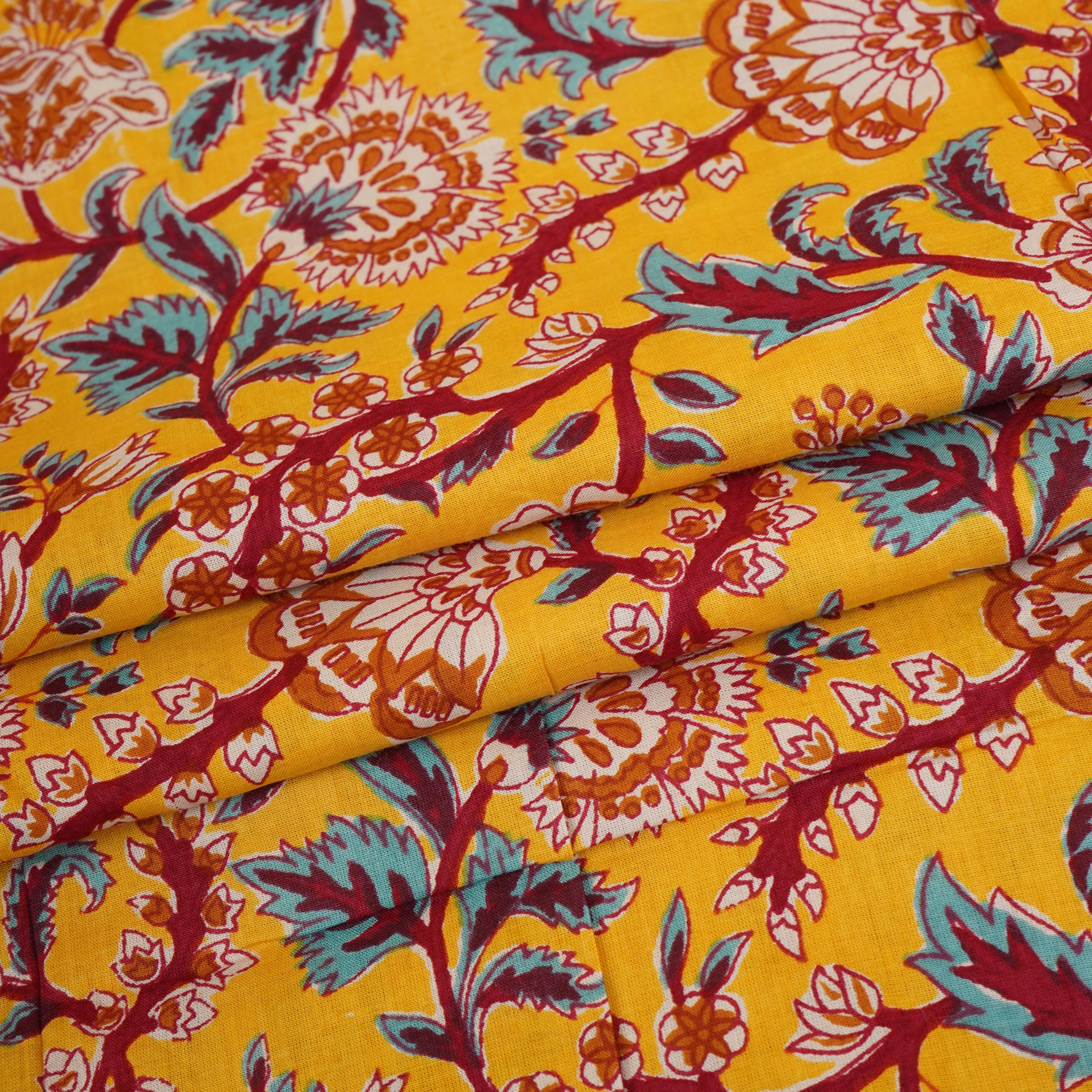 Yellow Kalamkari Floral Print Cotton Fabric PB-29724 - TradeUNO