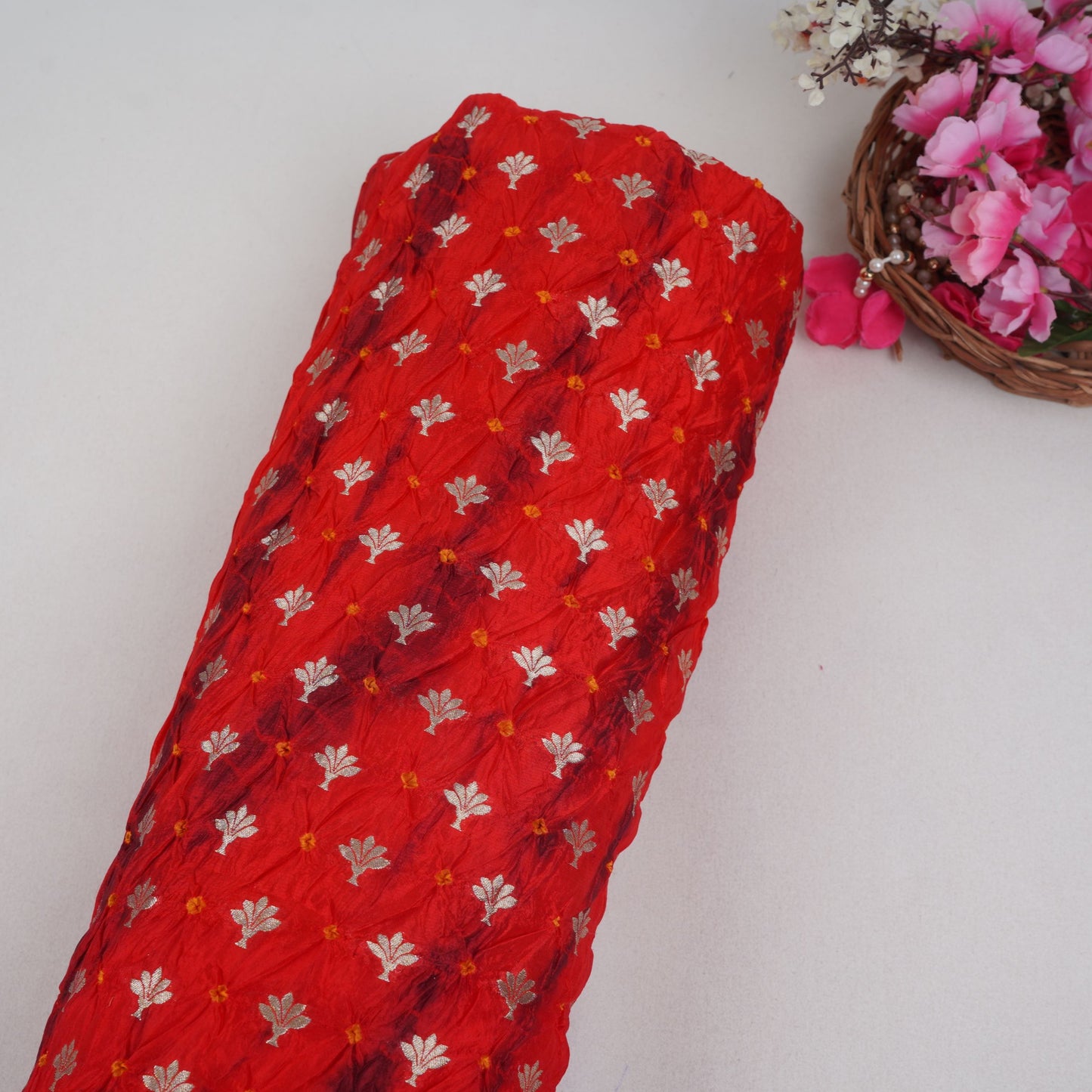 Red Shibori Bandhani Dupion Silk Fabric YHF-32845