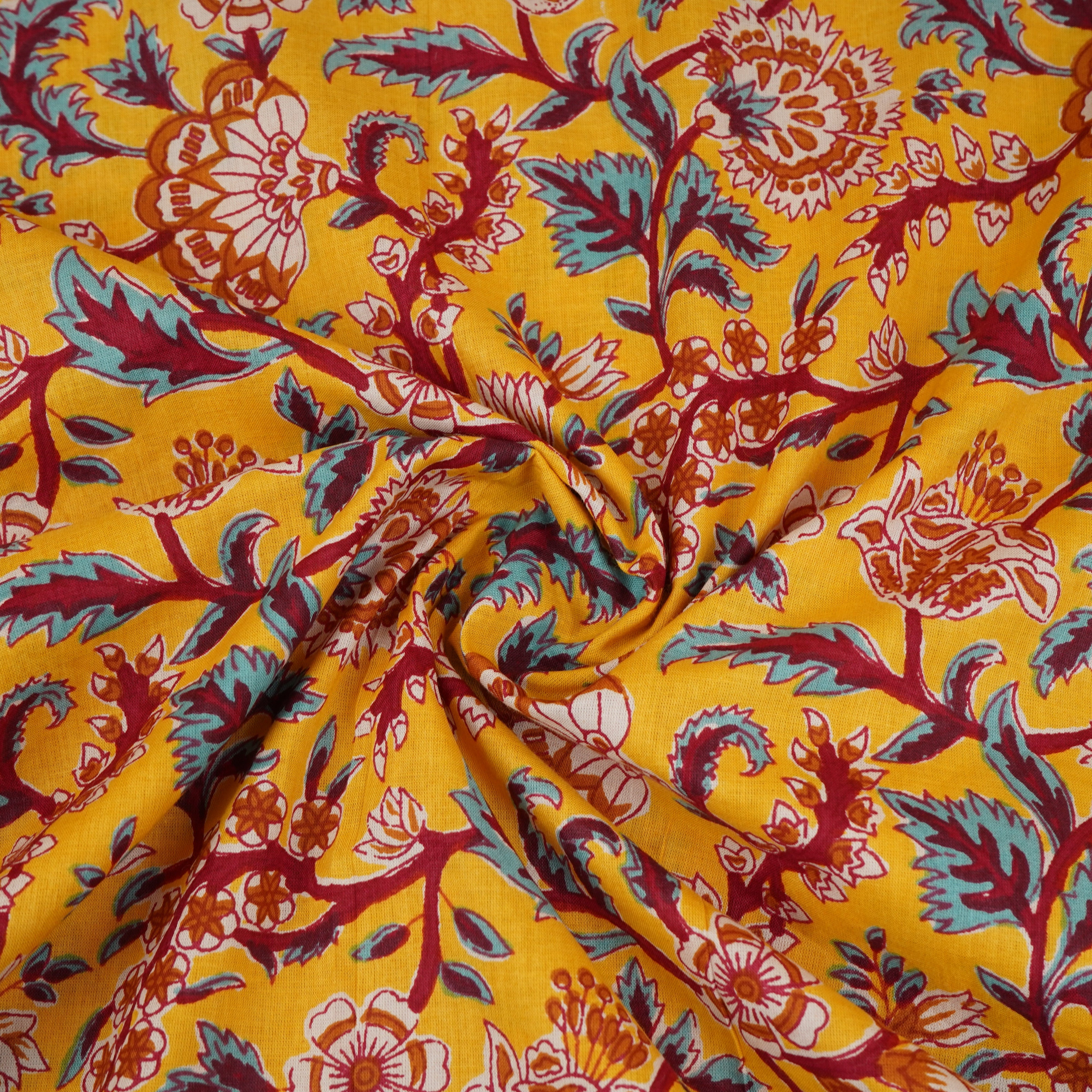 Yellow Kalamkari Floral Print Cotton Fabric PB-29724 - TradeUNO