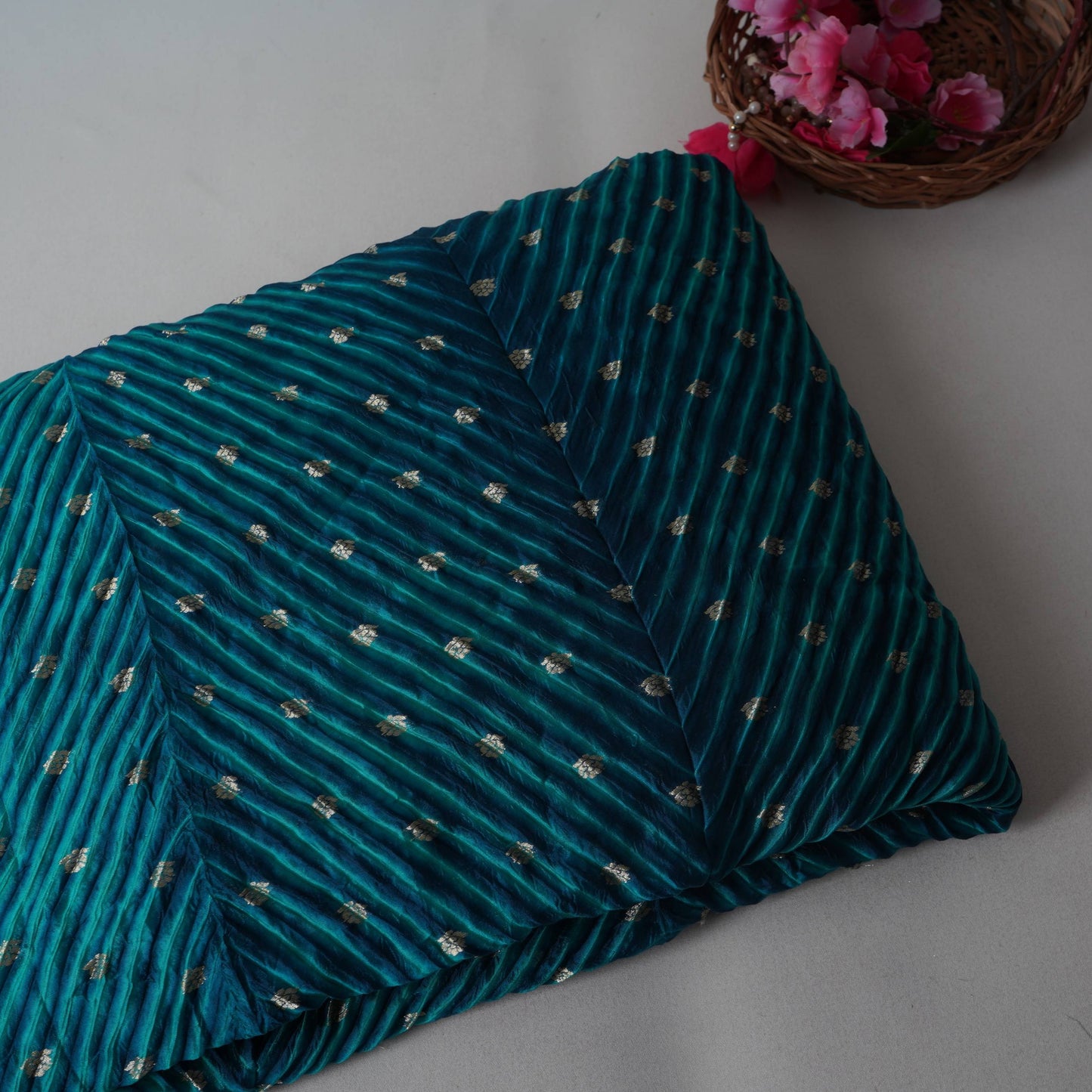 Teal Blue Lehriya Buti Dupion Silk Fabric YHF-32843