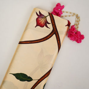 Cream floral print Silk Satin Fabric NVC-31578 - TradeUNO