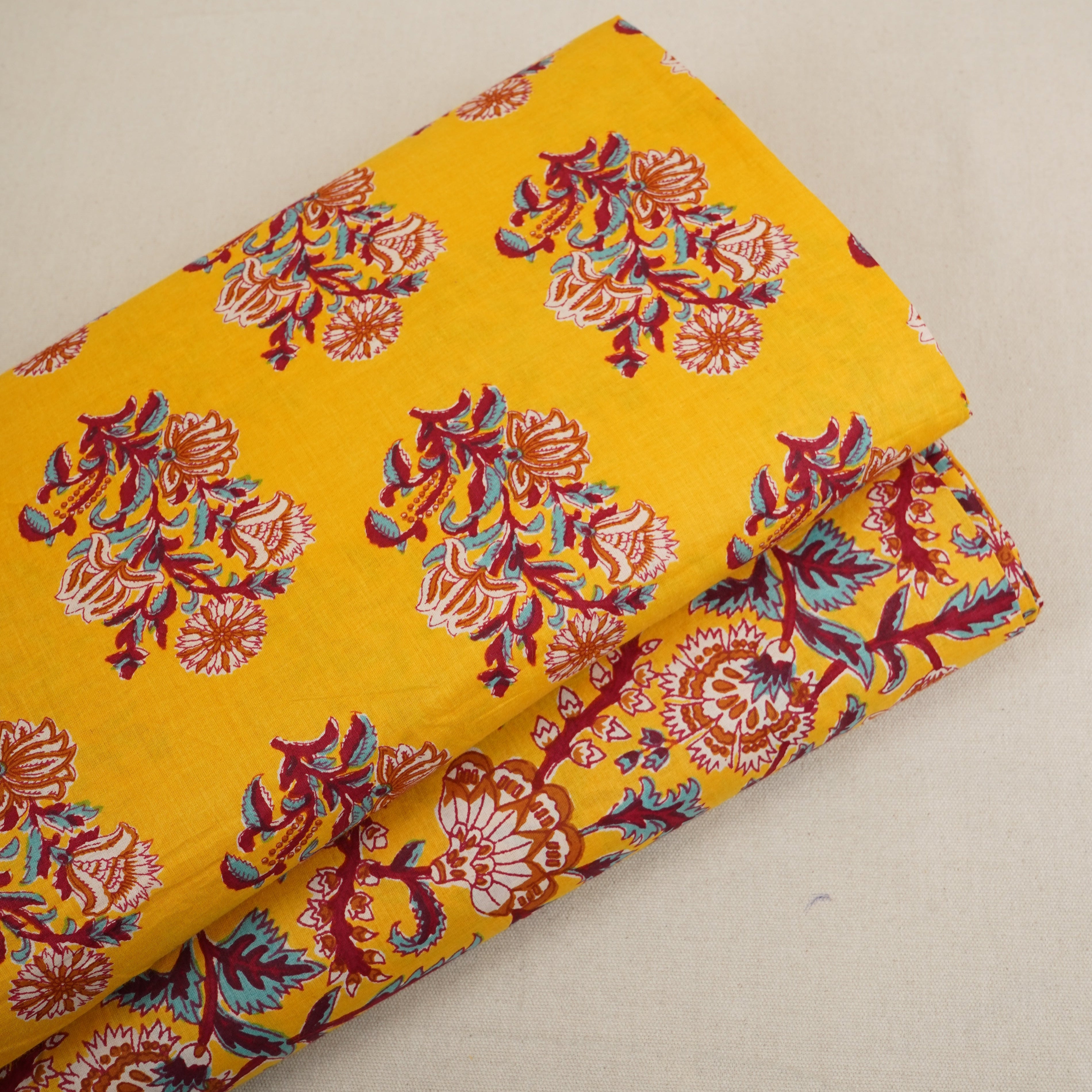 Mustard Yellow Floral Block Print Cotton Fabric PB-29721 - TradeUNO