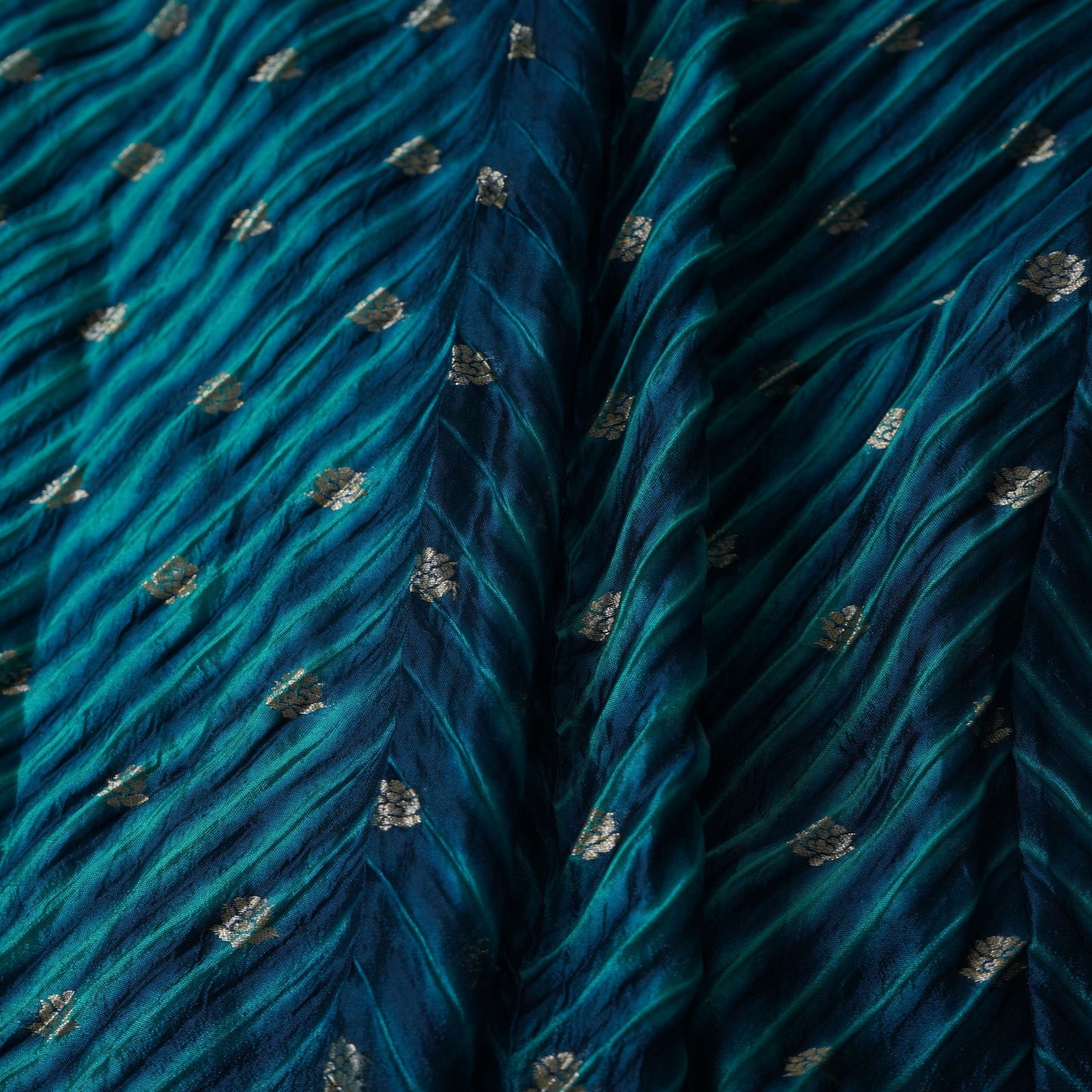 Teal Blue Lehriya Buti Dupion Silk Fabric YHF-32843