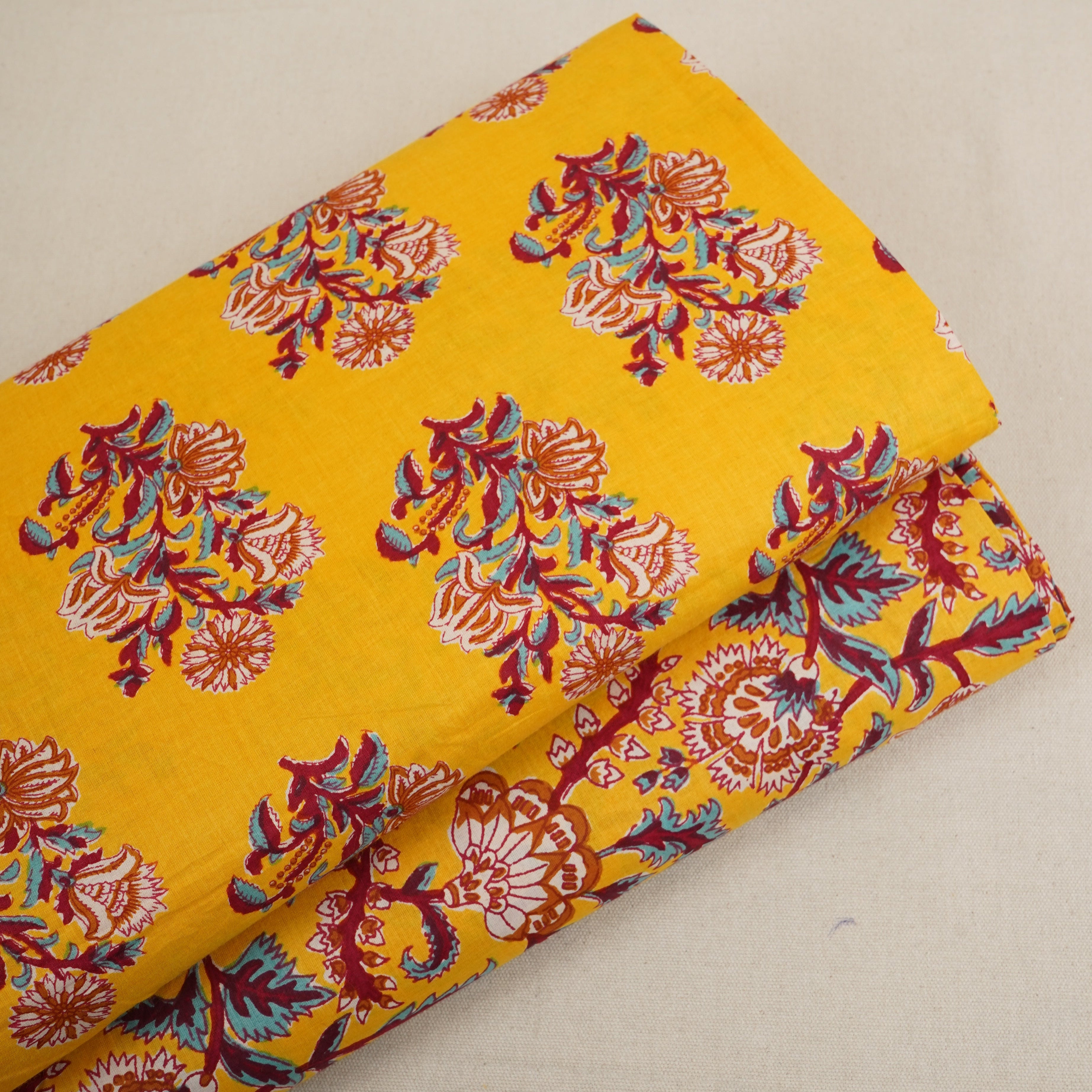 Yellow Kalamkari Floral Print Cotton Fabric PB-29724 - TradeUNO
