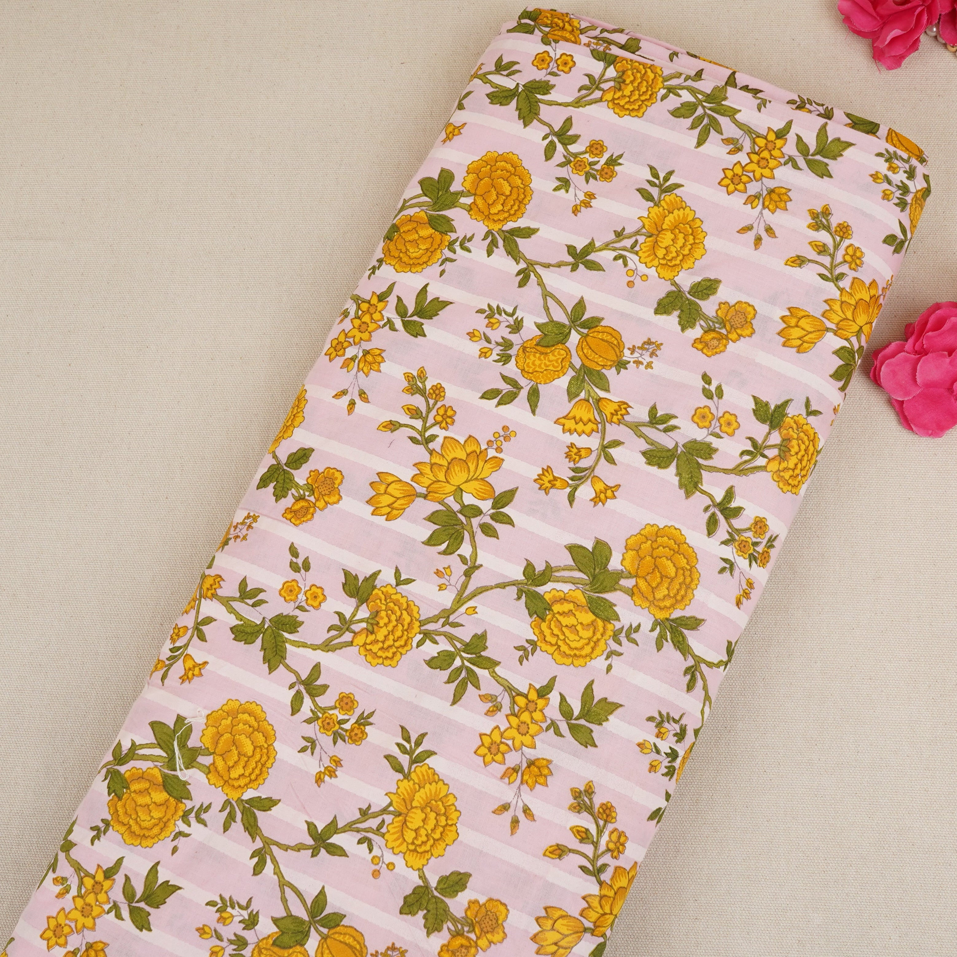 Pink with Yellow Floral Print Cotton Fabric PB-29735 - TradeUNO