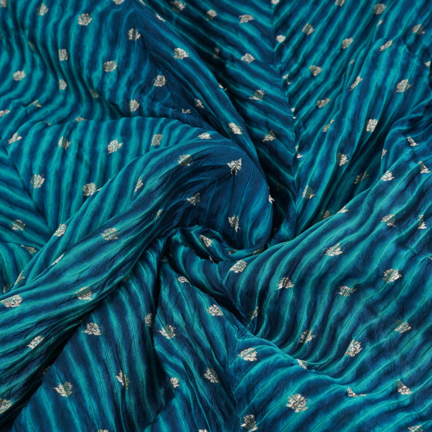Teal Blue Lehriya Buti Dupion Silk Fabric YHF-32843
