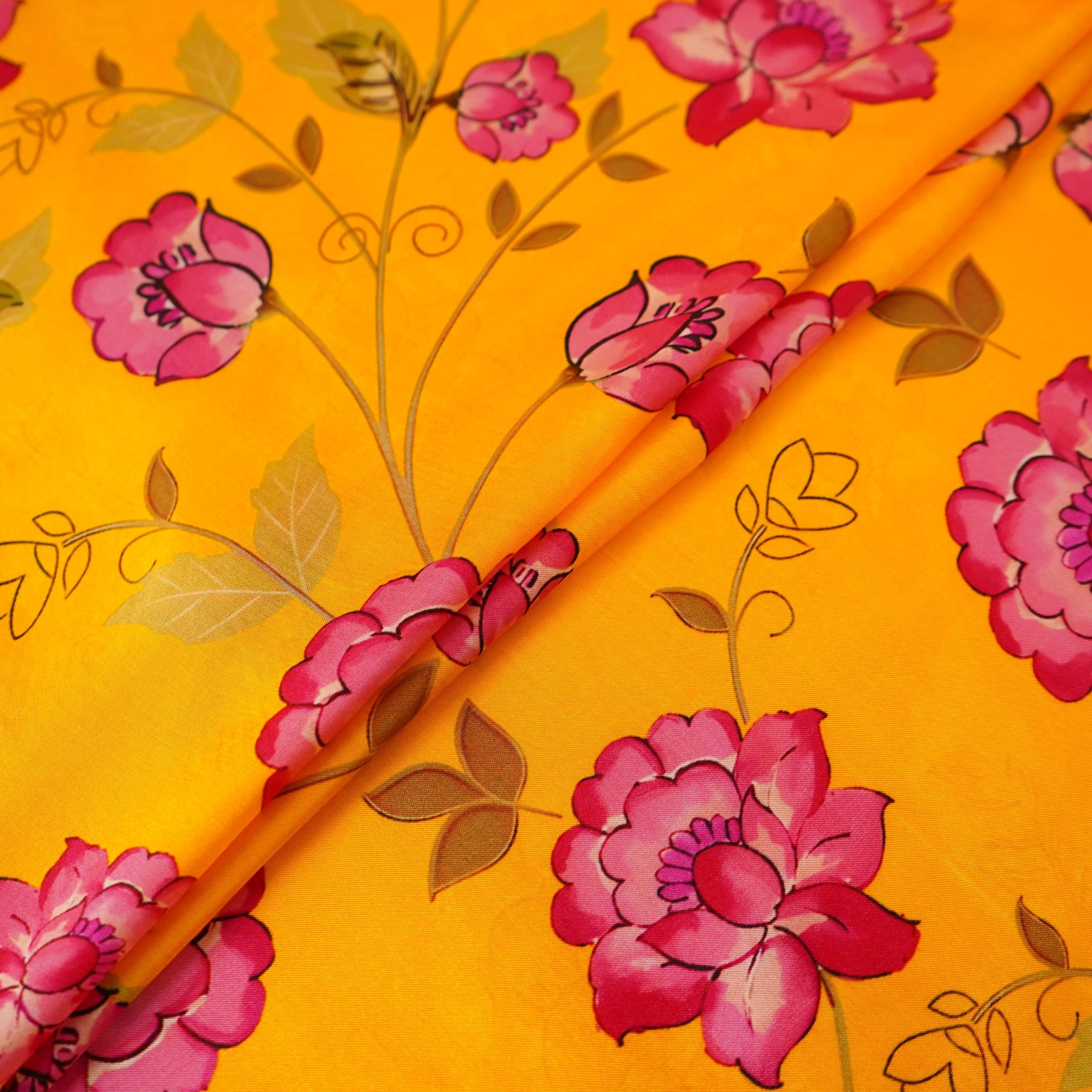 Mustard yellow floral print Silk Satin Fabric NVC-31556 - TradeUNO