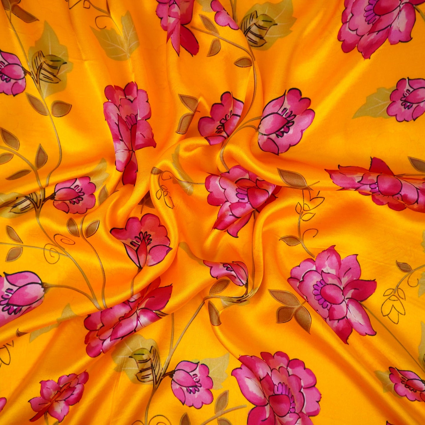 Mustard yellow floral print Silk Satin Fabric NVC-31556
