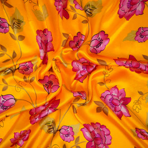 Mustard yellow floral print Silk Satin Fabric NVC-31556 - TradeUNO