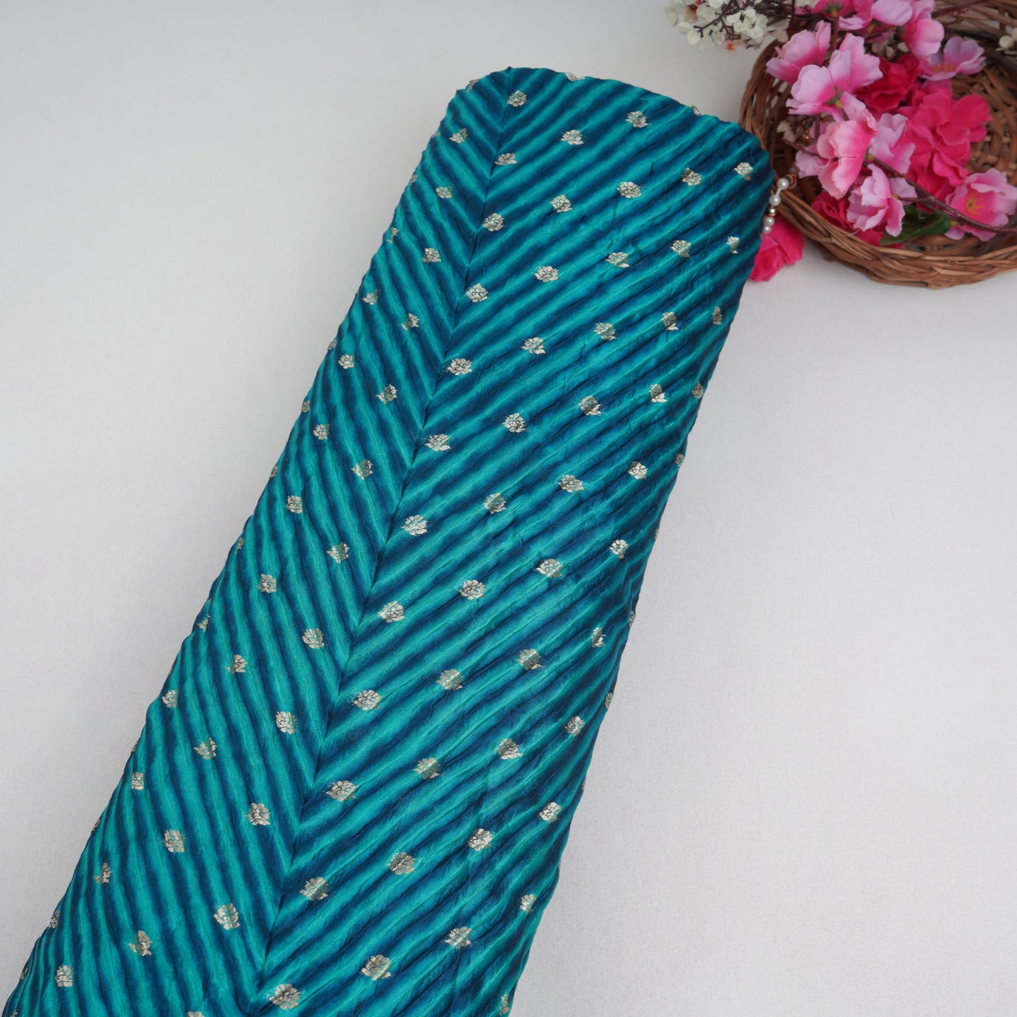 Teal Blue Lehriya Buti Dupion Silk Fabric YHF-32843
