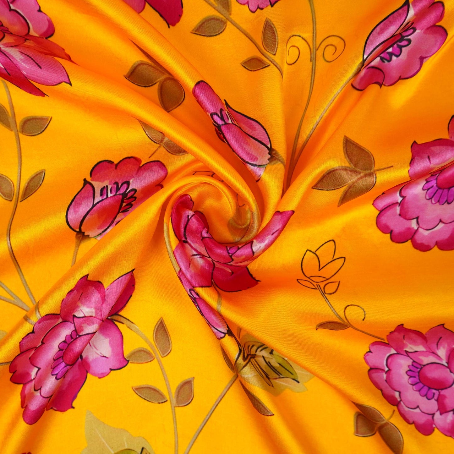Mustard yellow floral print Silk Satin Fabric NVC-31556