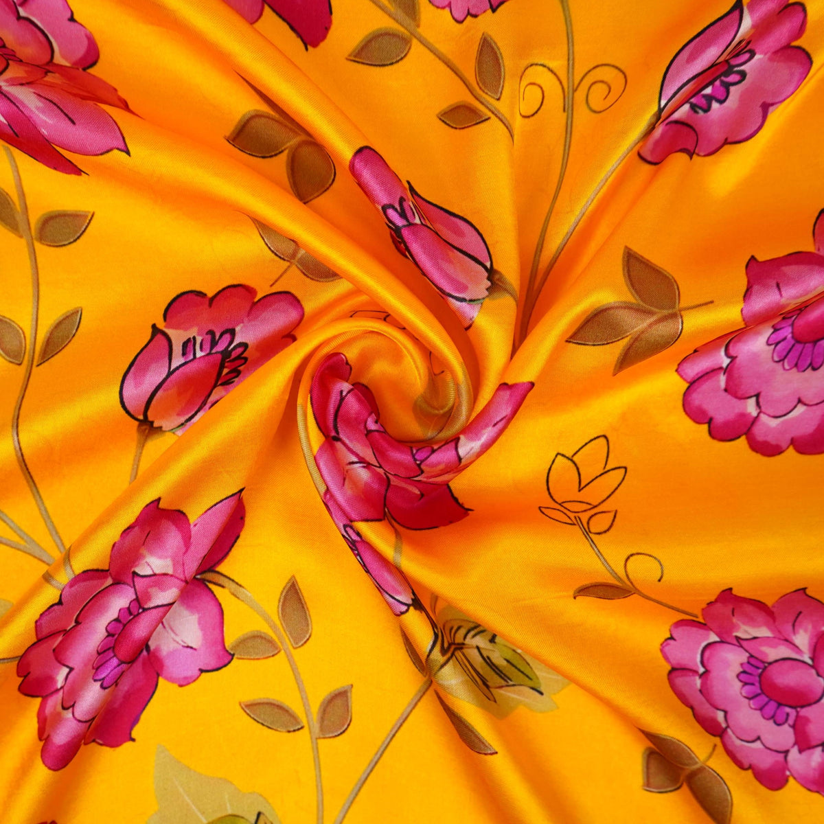 Mustard yellow floral print Silk Satin Fabric NVC-31556 - TradeUNO