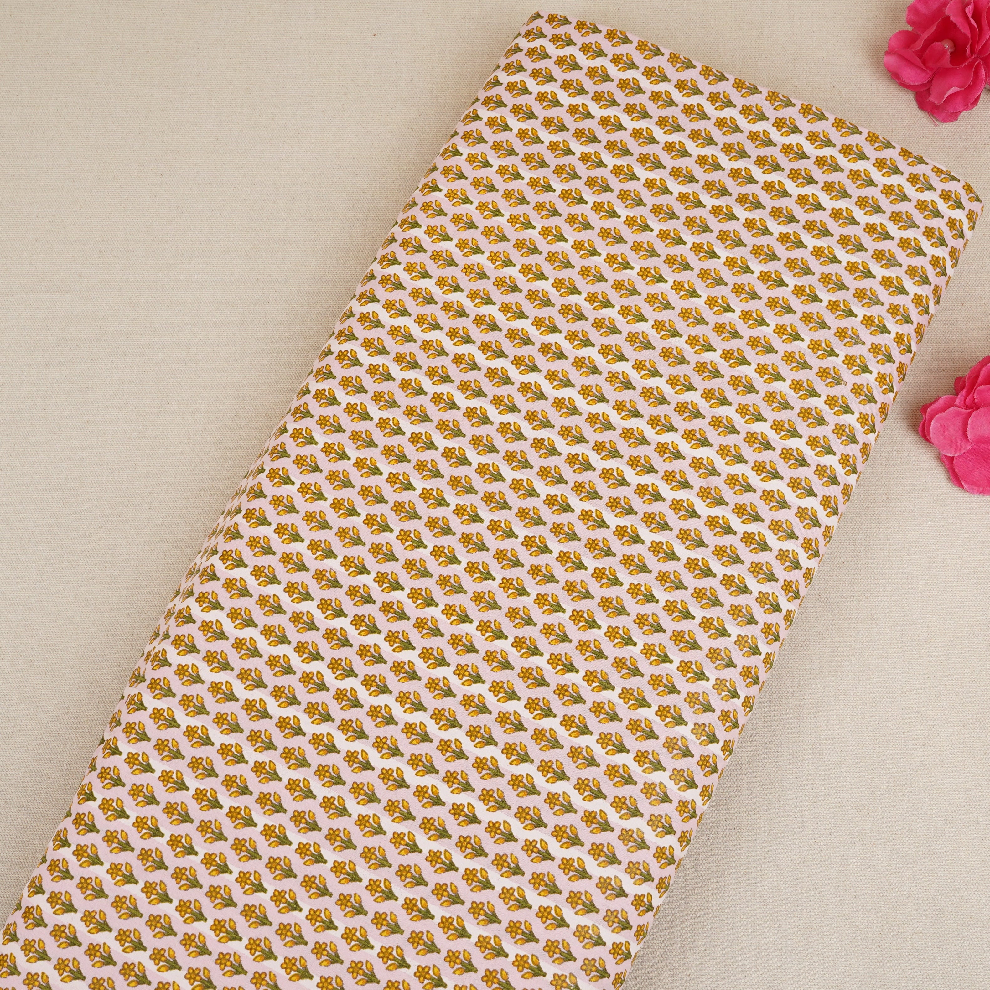 Light Pink with Yellow small Floral Print Cotton Fabric PB-29736 - TradeUNO