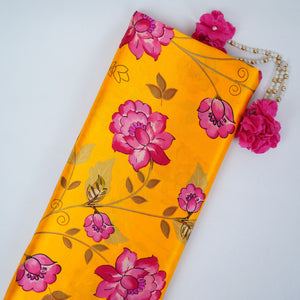 Mustard yellow floral print Silk Satin Fabric NVC-31556 - TradeUNO