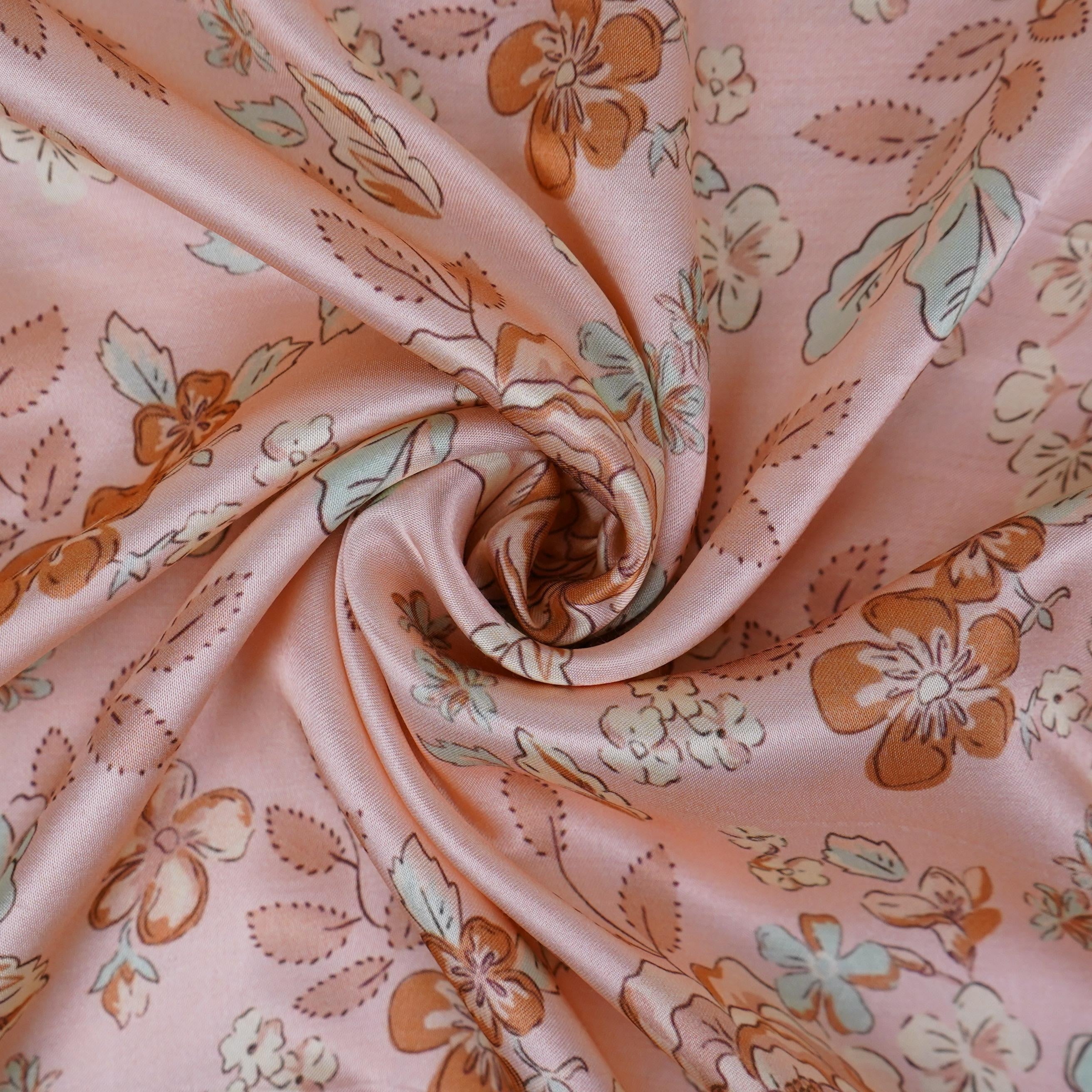 Beige floral print Silk Satin Fabric NVC-31569 - TradeUNO