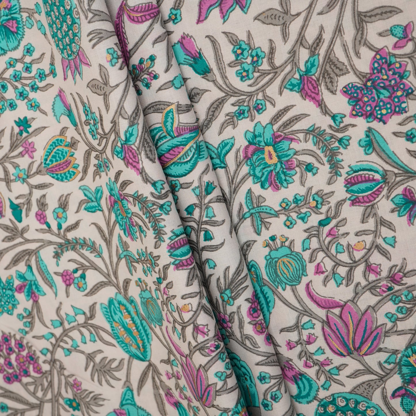 Cream Floral Foil Print Cotton Fabric PB-29697 - TradeUNO