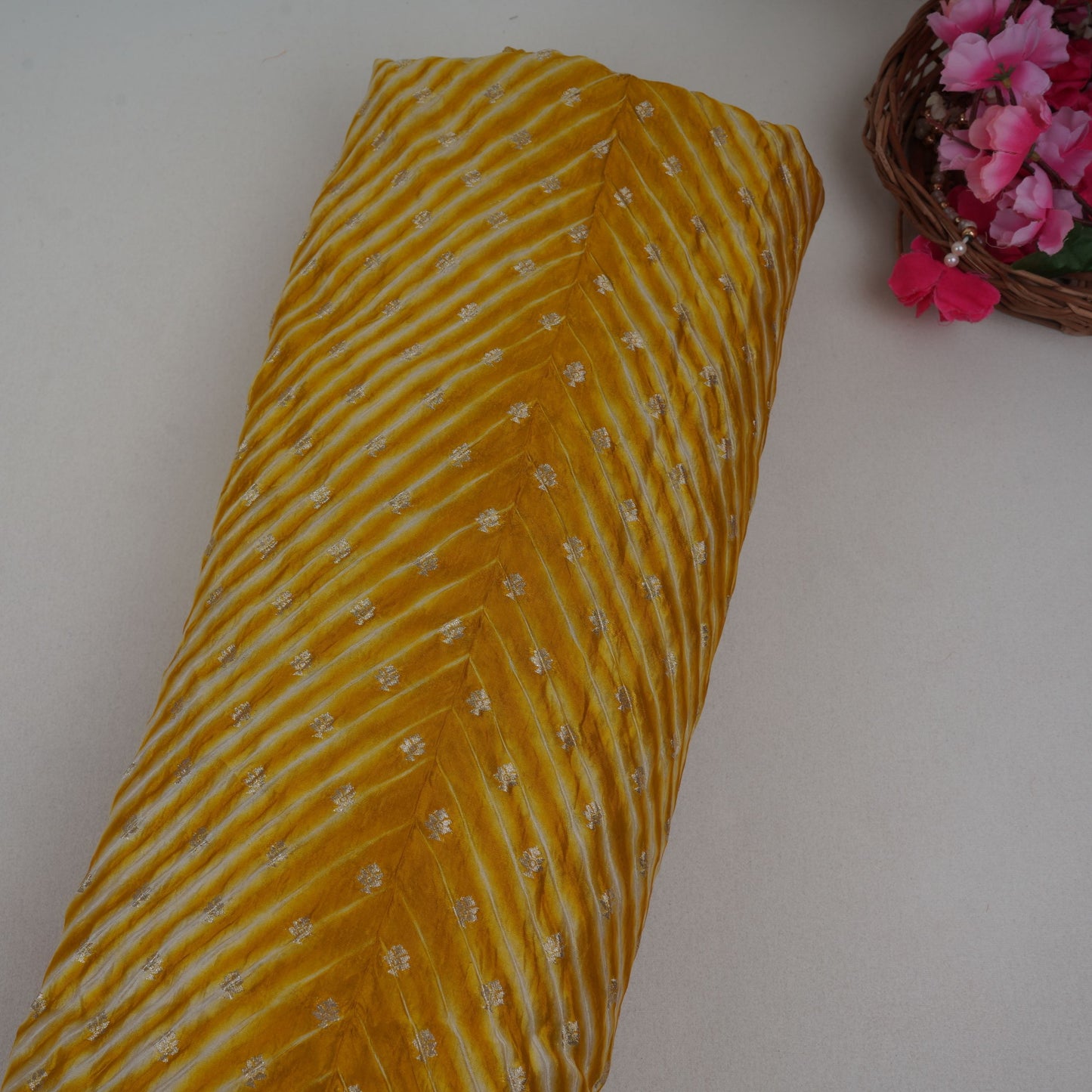 Mustard Yellow Lehriya Buti Dupion Silk Fabric YHF-32838