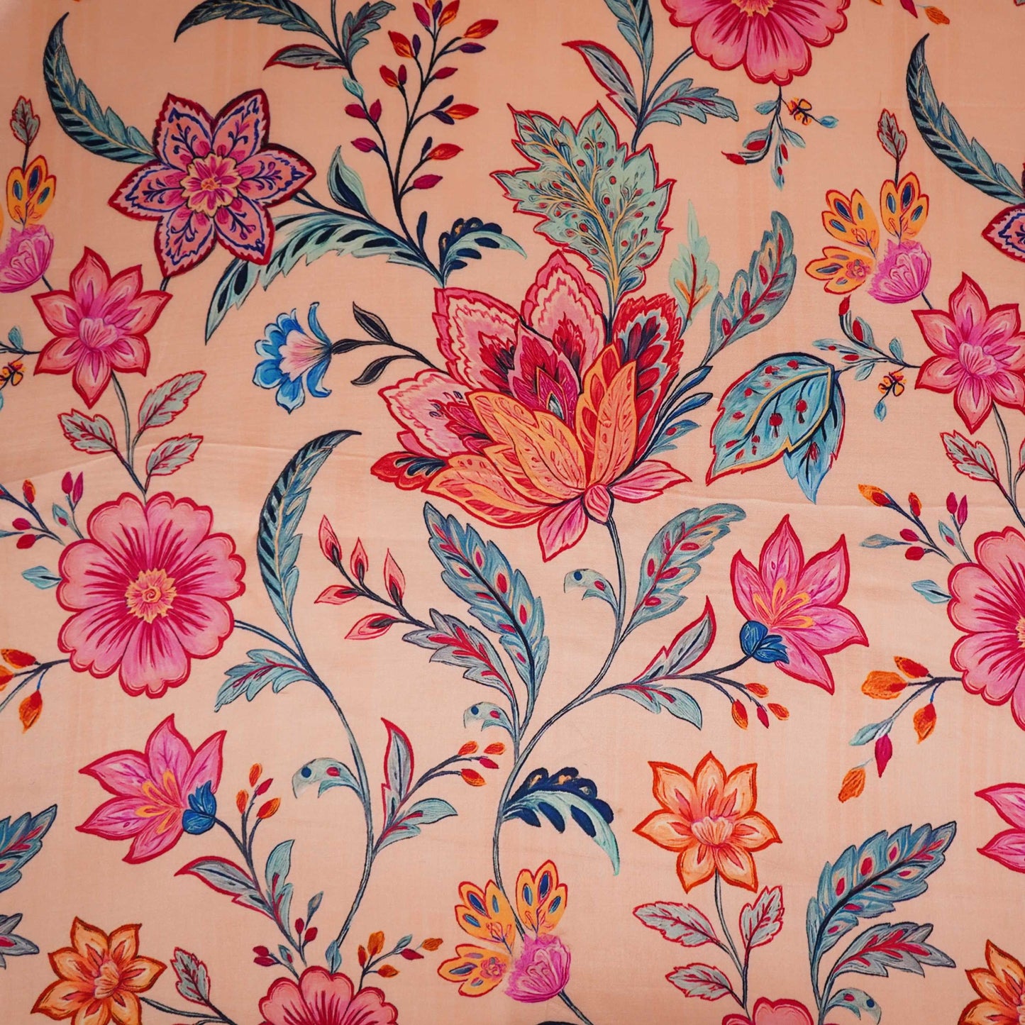 Beige Mughal floral print Silk Satin Fabric NVC-31571
