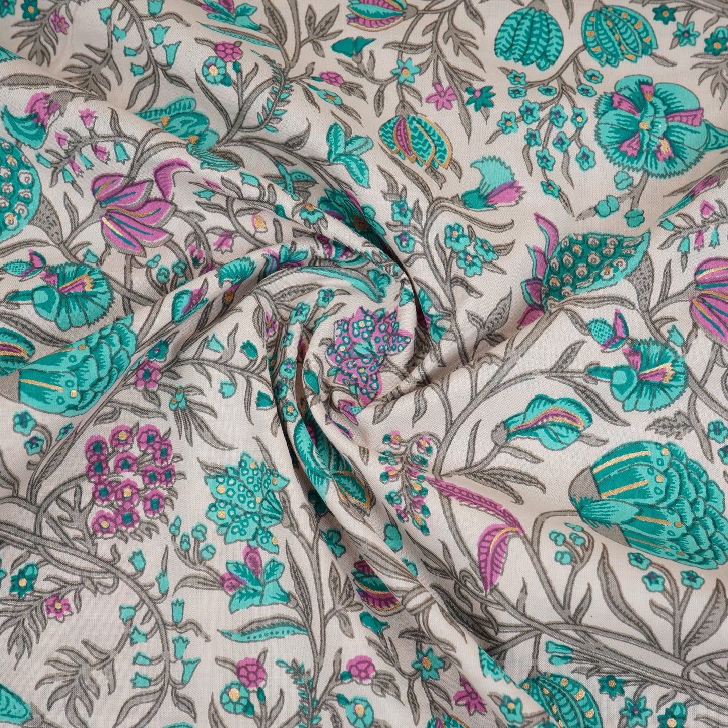 Cream Floral Foil Print Cotton Fabric PB-29697 - TradeUNO