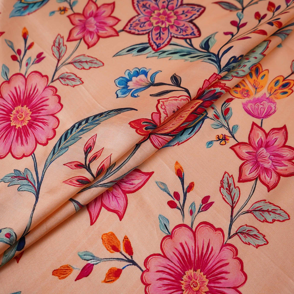 Beige Mughal floral print Silk Satin Fabric NVC-31571 - TradeUNO