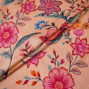 Beige Mughal floral print Silk Satin Fabric NVC-31571 - TradeUNO
