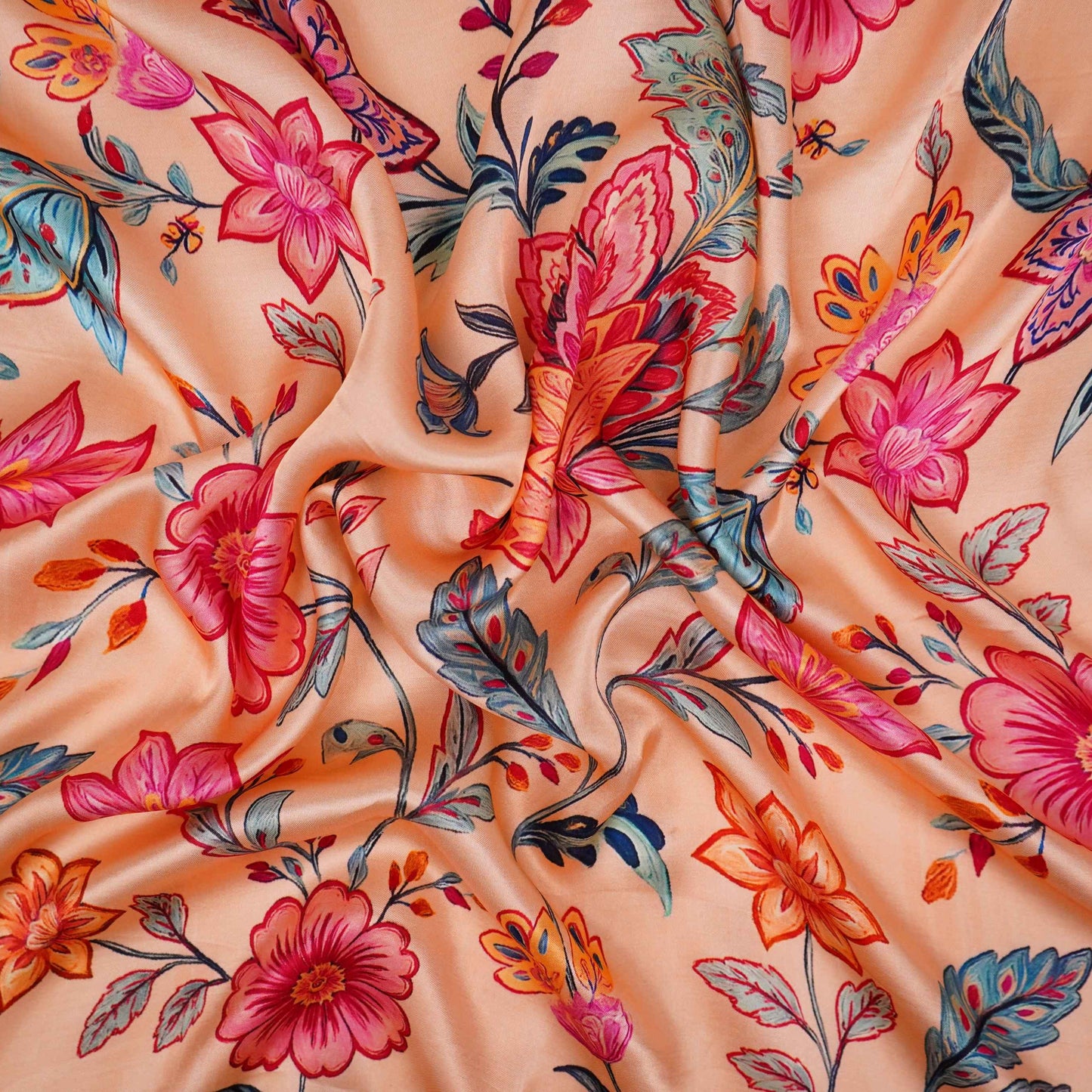 Beige Mughal floral print Silk Satin Fabric NVC-31571
