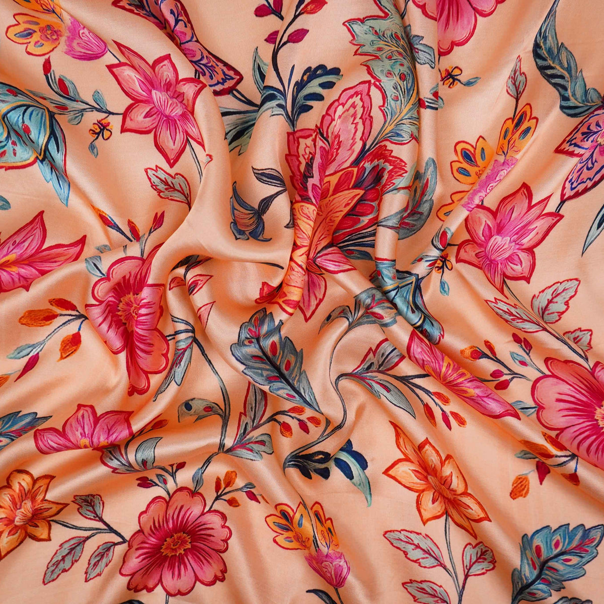 Beige Mughal floral print Silk Satin Fabric NVC-31571 - TradeUNO