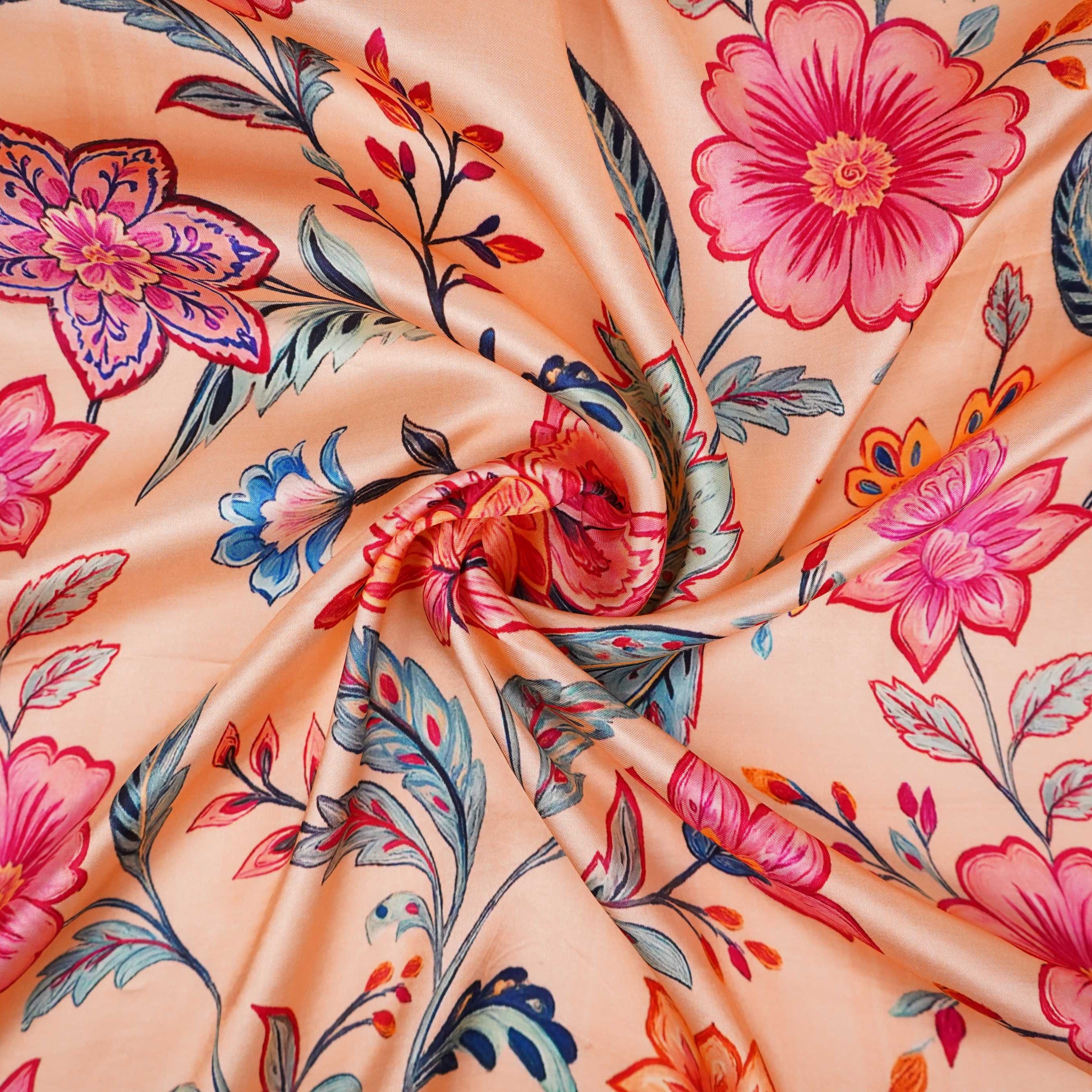 Beige Mughal floral print Silk Satin Fabric NVC-31571 - TradeUNO