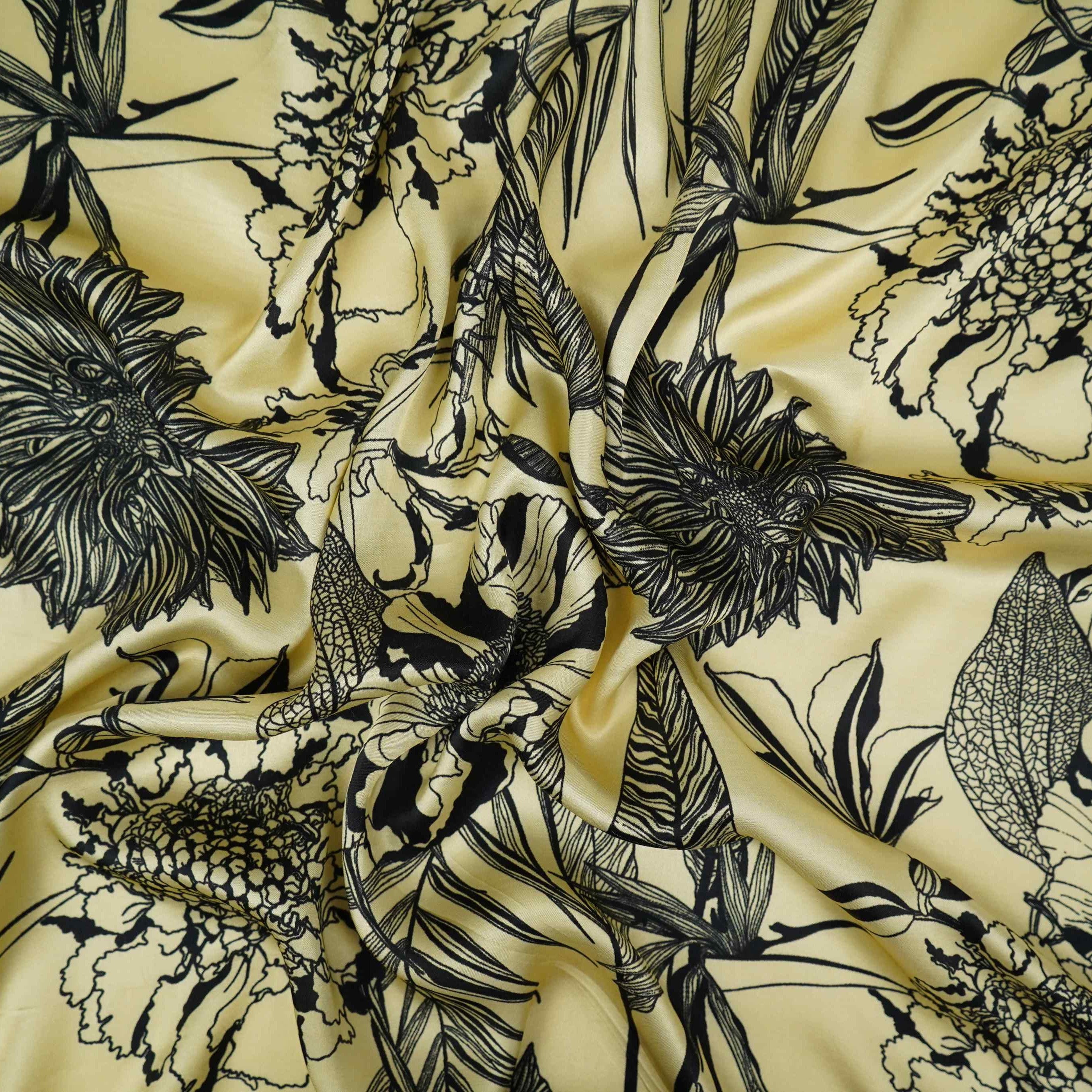 Cream floral print Silk Satin Fabric NVC-31567 - TradeUNO