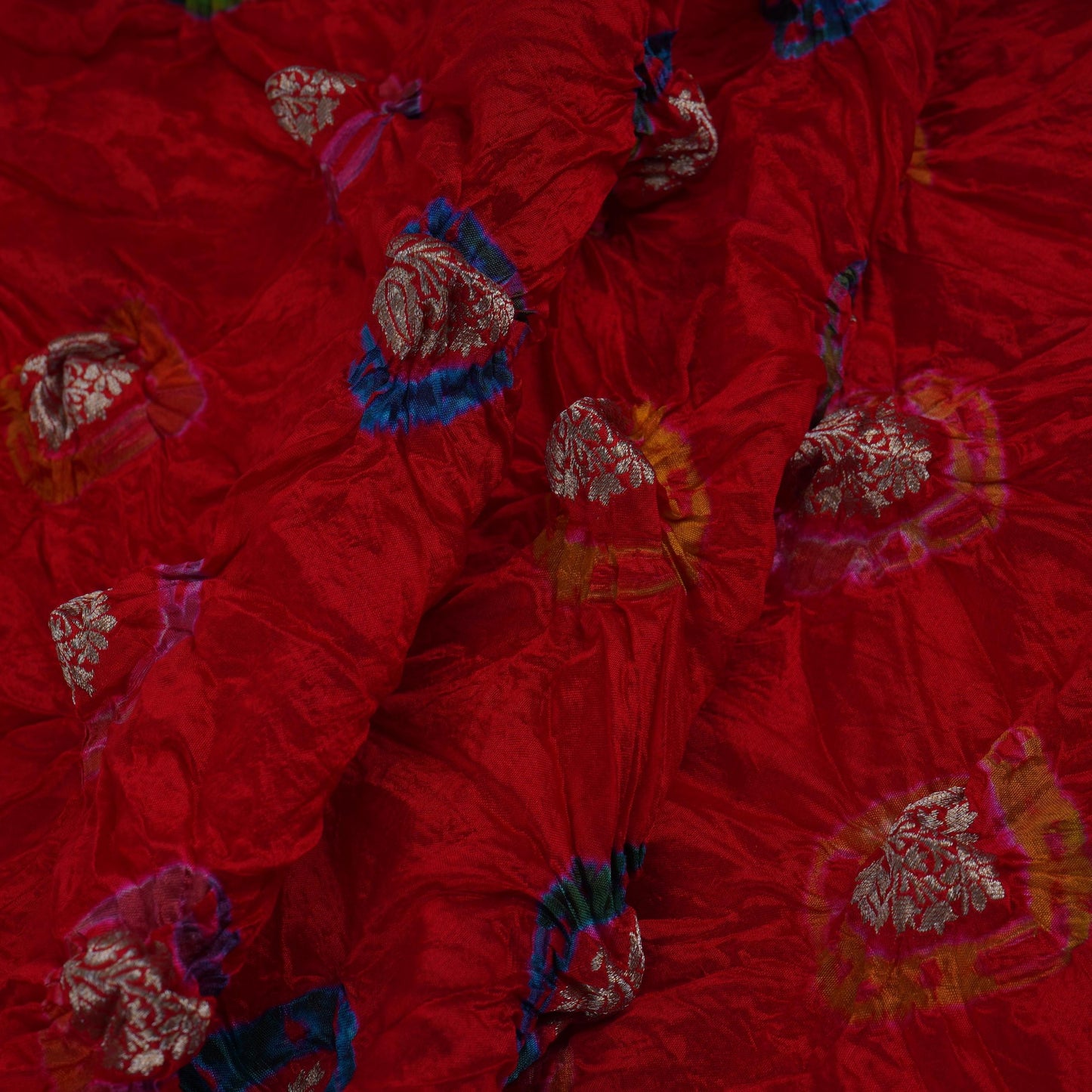 Red Bandhani Boota Tye Dye Dupion Silk Fabric YHF-32832