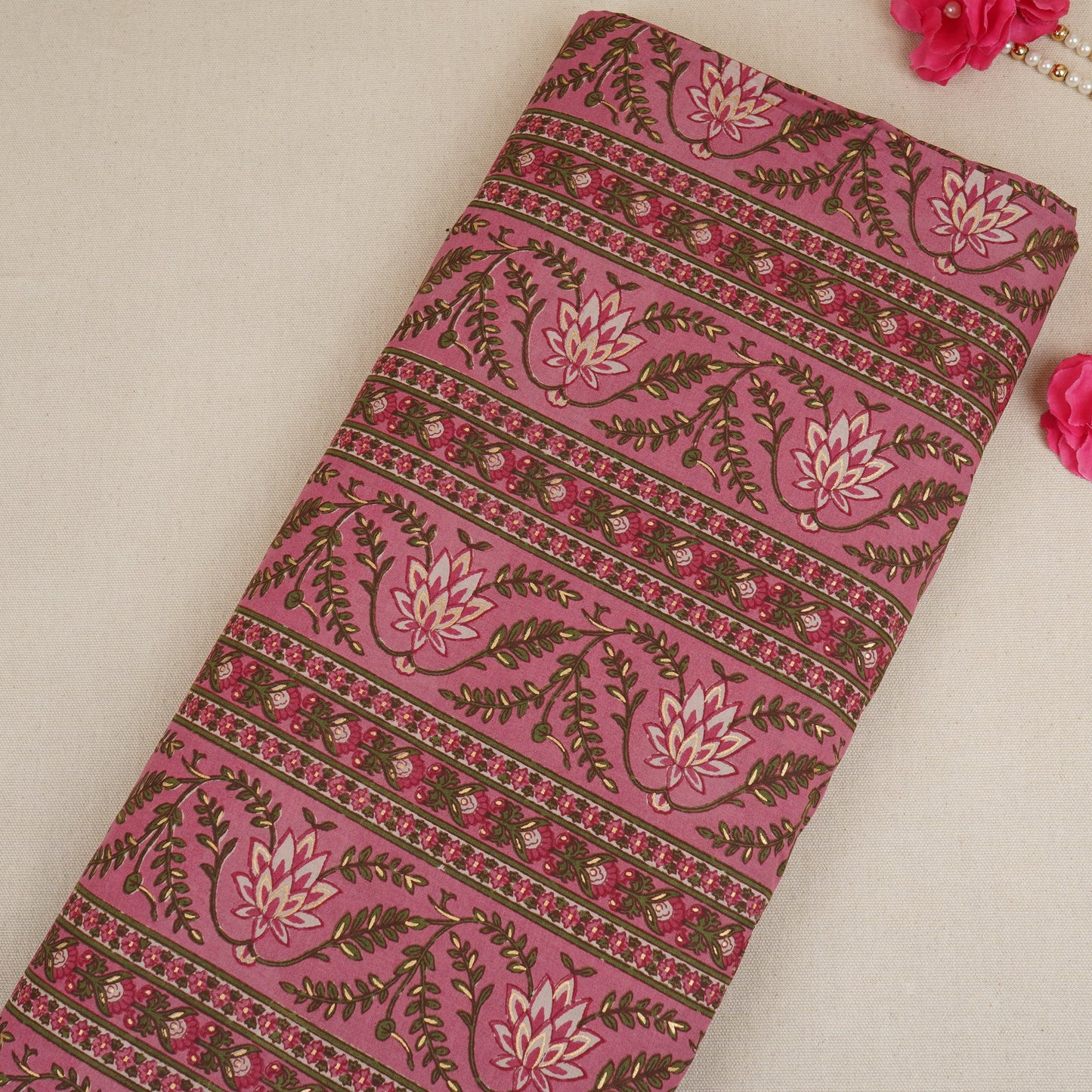 Pink Floral Stripes Foil Print Cotton Fabric PB-29702