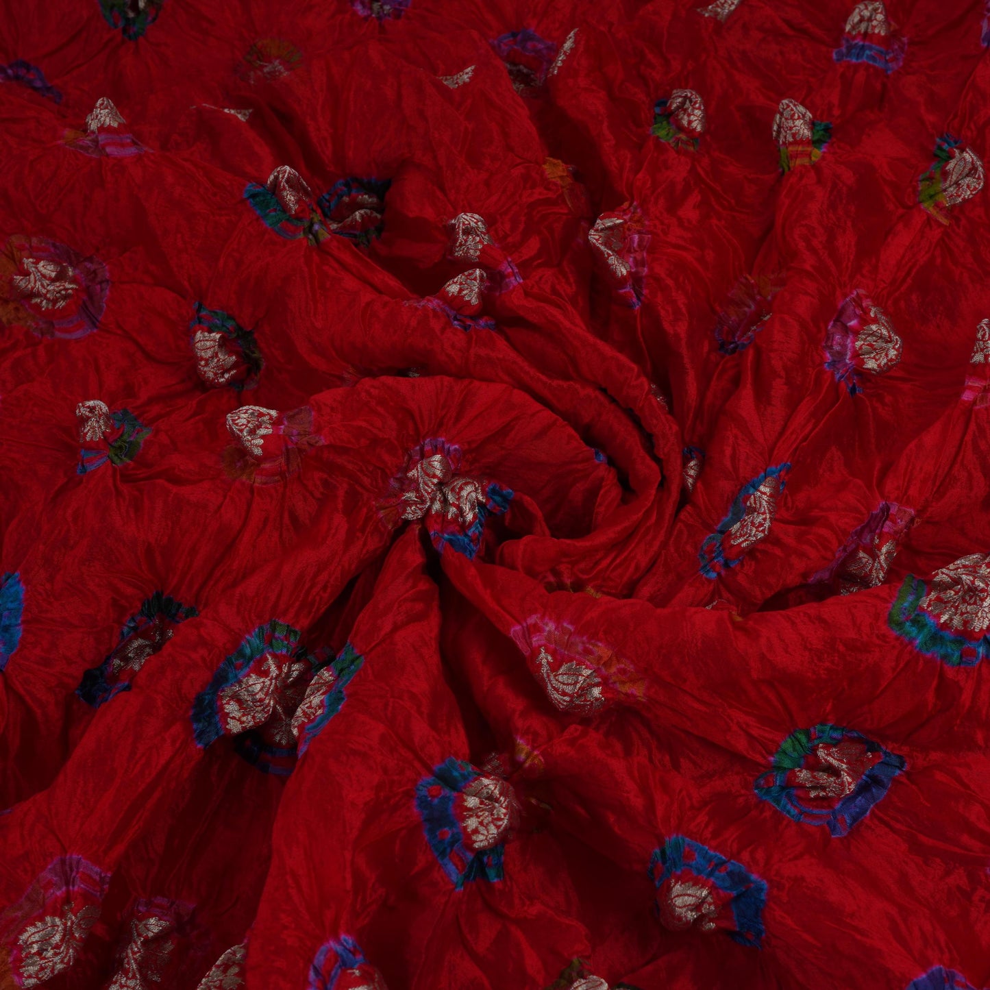 Red Bandhani Boota Tye Dye Dupion Silk Fabric YHF-32832