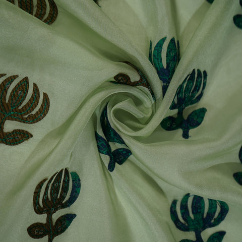 Green Sequins Applique Work Organza Fabric