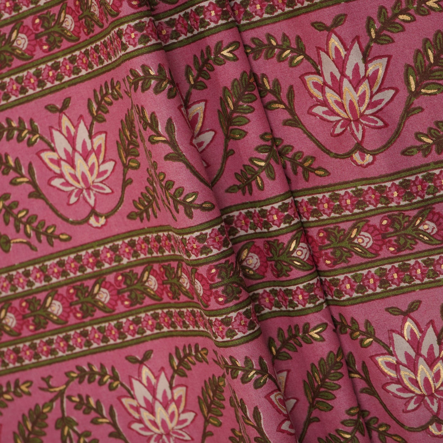 Pink Floral Stripes Foil Print Cotton Fabric PB-29702