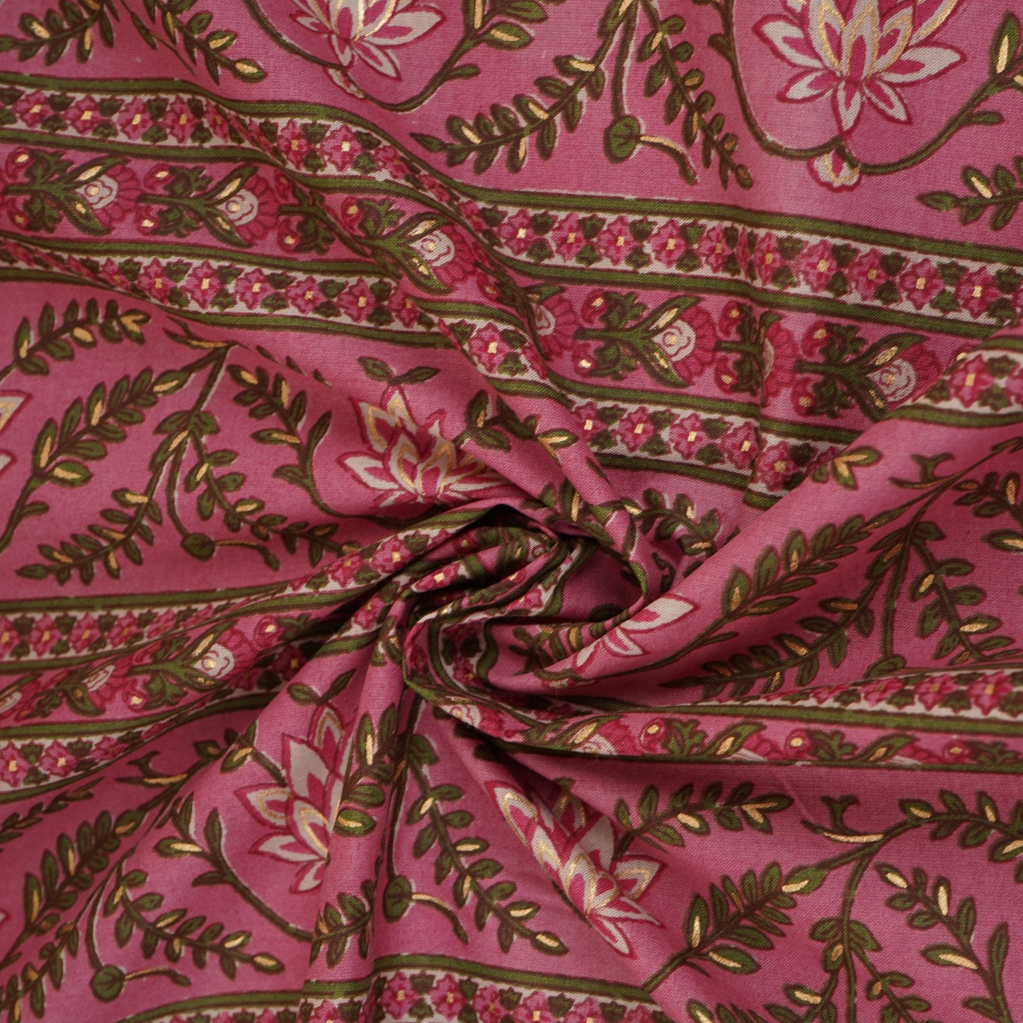 Pink Floral Stripes Foil Print Cotton Fabric PB-29702