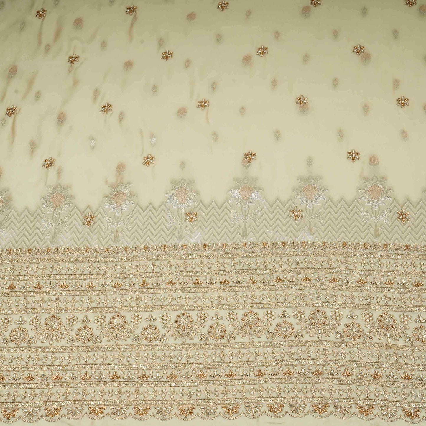 Cream Zari cutdana embroidery Satin Silk Fabric TF-31122